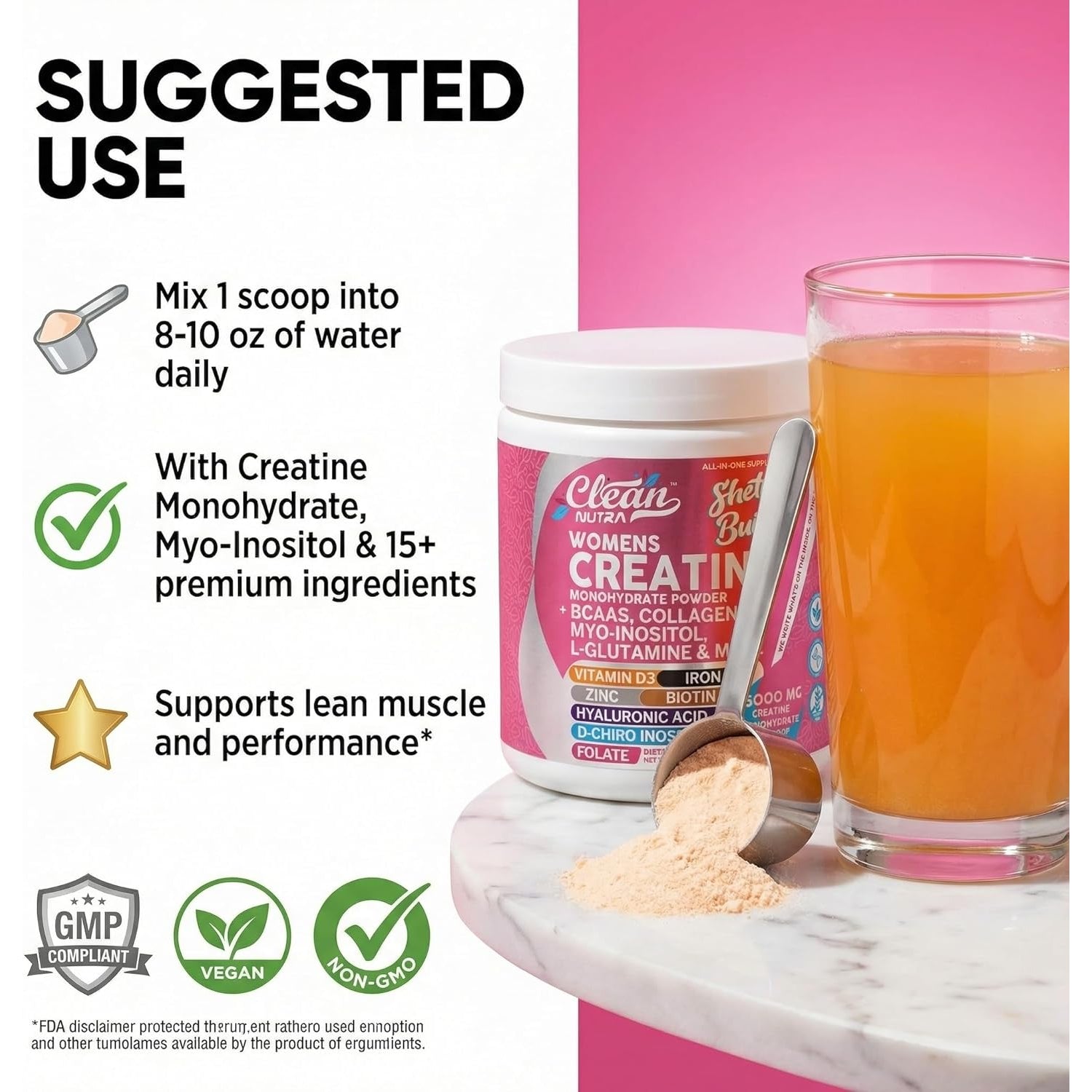 Creatine for Women | Creatine Monohydrate + BCAA Powder Myo-Inositol Collagen Biotin Hyaluronic Acid Folate L Glutamine Vitamin D3 Iron Zinc D-Chiro-Maca Digestion Shelf Builder by Clean Nutra