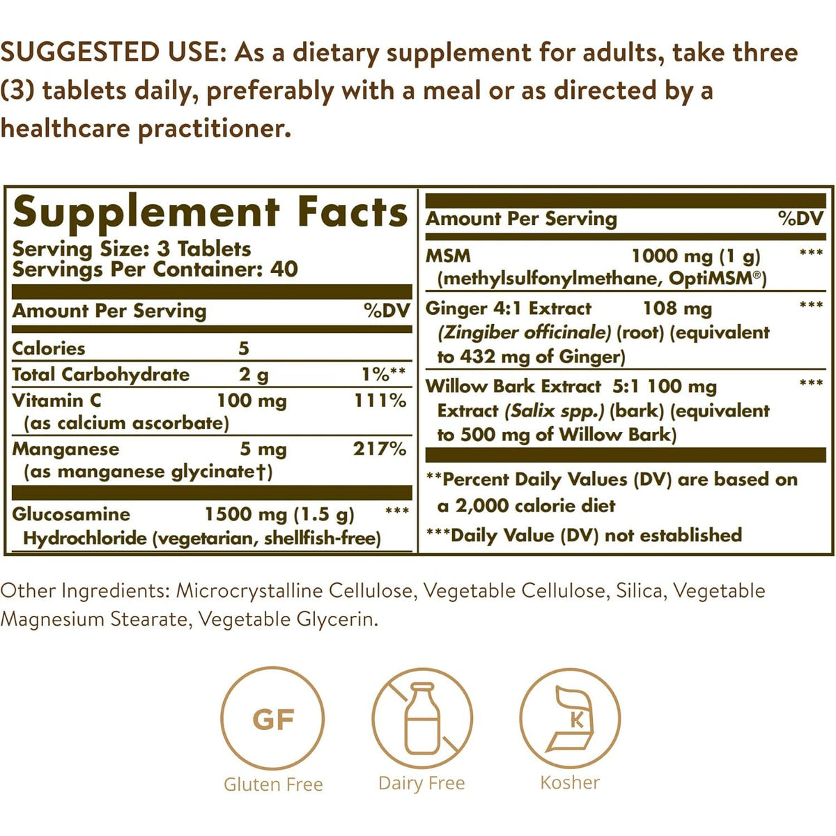 Solgar Glucosamine MSM Complex, 120 Tablets - Promotes Healthy Joints - Supports Range of Motion & Flexibility - Supports Collagen - Shellfish-Free - Gluten Free, Dairy Free, Kosher - 40 Servings