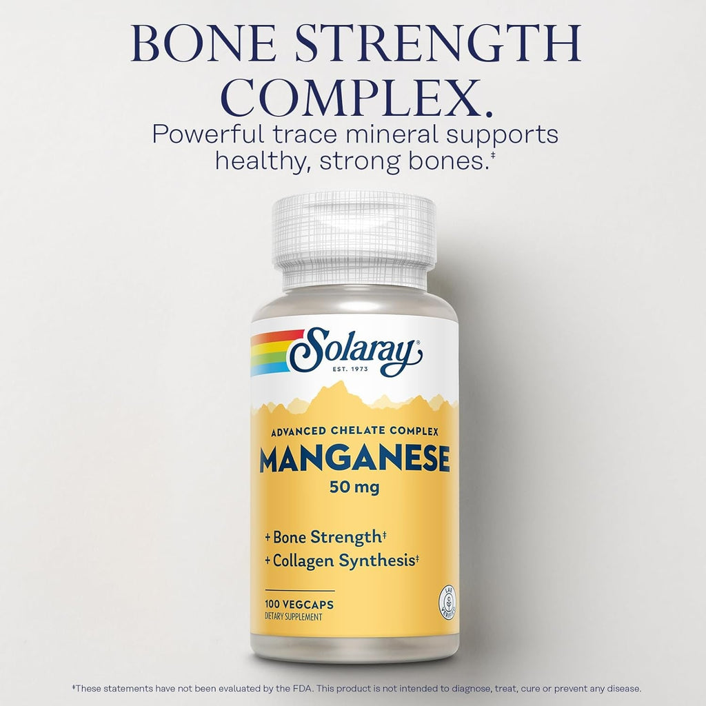 SOLARAY Manganese Supplement 50 Mg - Essential Trace Minerals - Advanced Trace Mineral Supplements for Bone Strength and Bone Health Support - Lab Verified, 60-Day Guarantee, 100 Servings, 100 Vegcaps