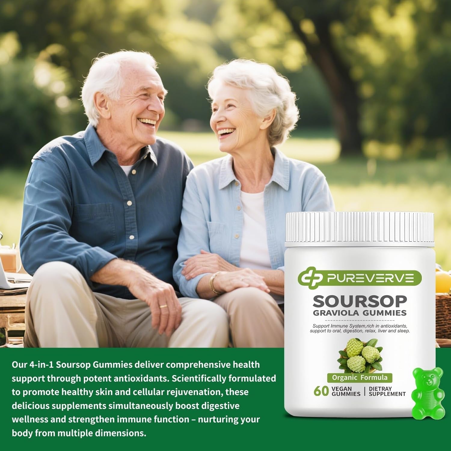 Soursop Graviola Gummies, Max Strength Soursop Leaves Extract with Sea Moss & Zinc for Cell Support & Regeneration, Immunity, Liver and Antioxidant, Sugar/Gluten Free, Vegan - 60 CT