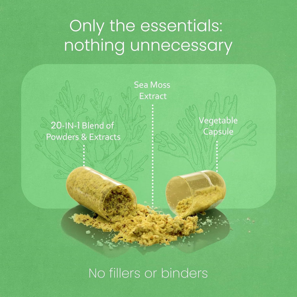Sea Moss, Black Seed Oil, Bladderwrack, Turmeric, Ashwagandha, Burdock, Vitamin C, D3, Yellow Dock Root, Manuka, Dandelion - 90 Veggie Caps