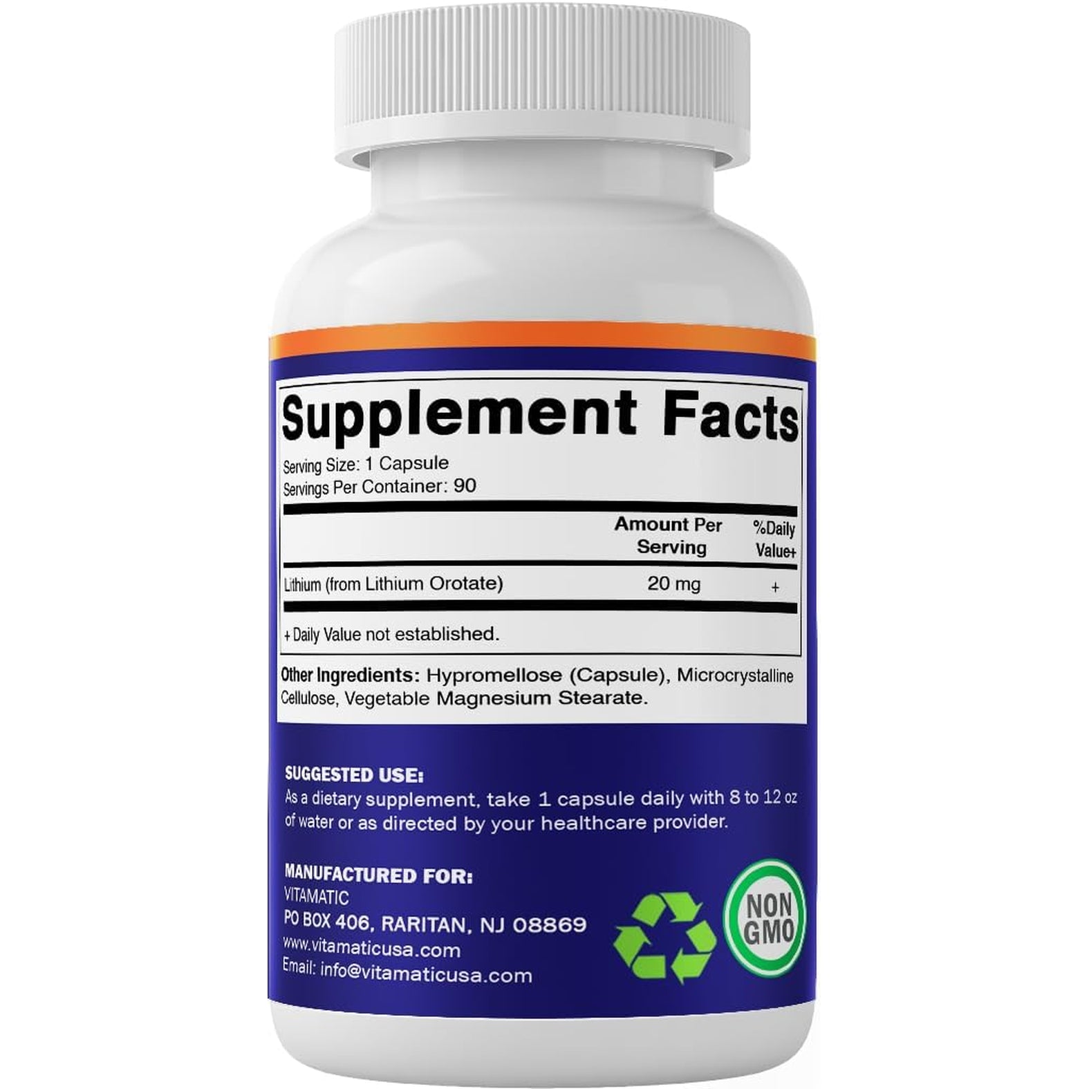 Vitamatic Lithium Orotate 20Mg, 90 Capsules - Veggie Caps, Non-Gmo, Gluten Free