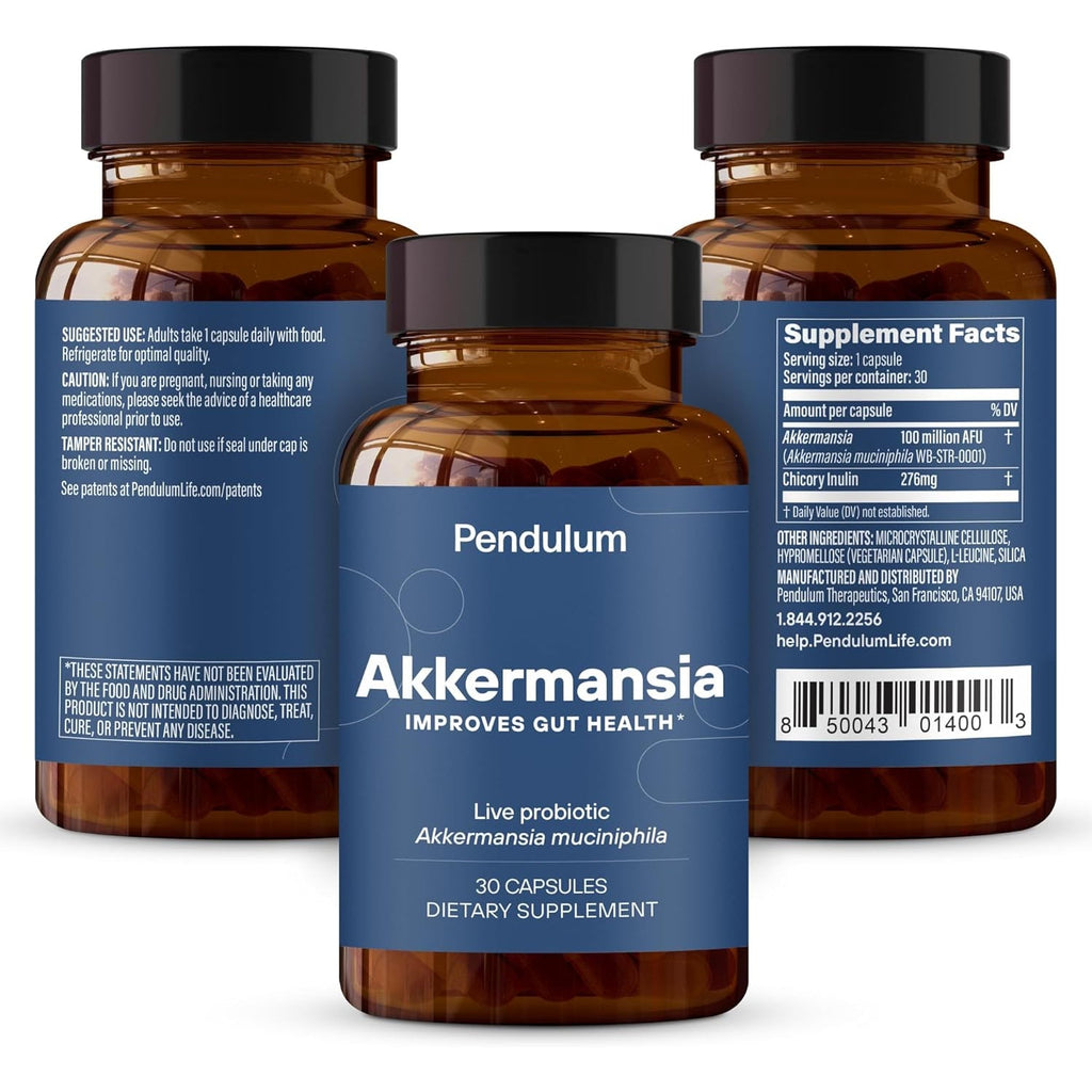 Pendulum Akkermansia Probiotic with Prebiotic Fiber - Increases GLP-1 Production, Delayed Release, Third-Party Tested, 100M AFU Live Strain for Gut Health for Men & Women (30 Capsules, 1-Pack)