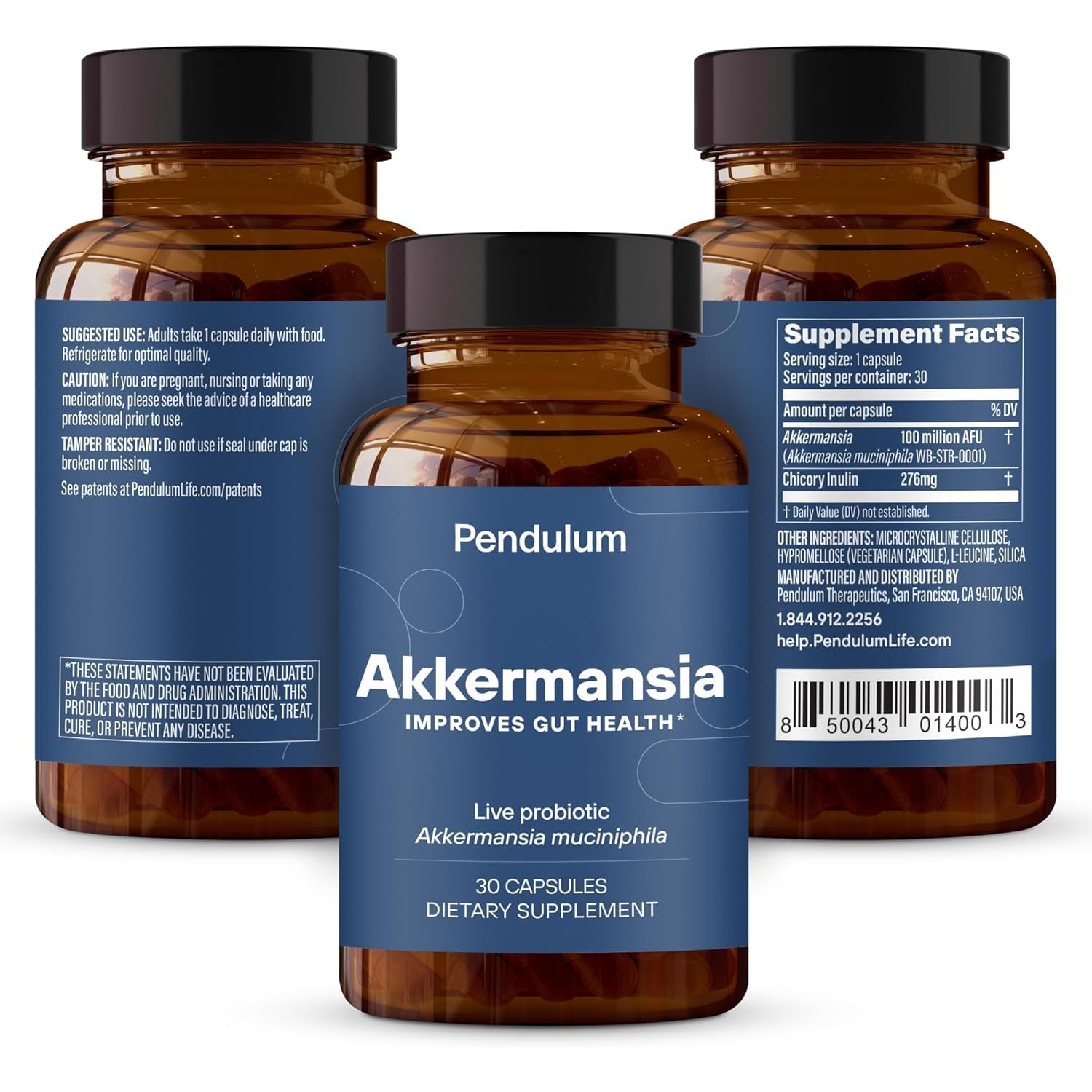 Pendulum Akkermansia Probiotic with Prebiotic Fiber - Increases GLP-1 Production, Delayed Release, Third-Party Tested, 100M AFU Live Strain for Gut Health for Men & Women (30 Capsules, 1-Pack)