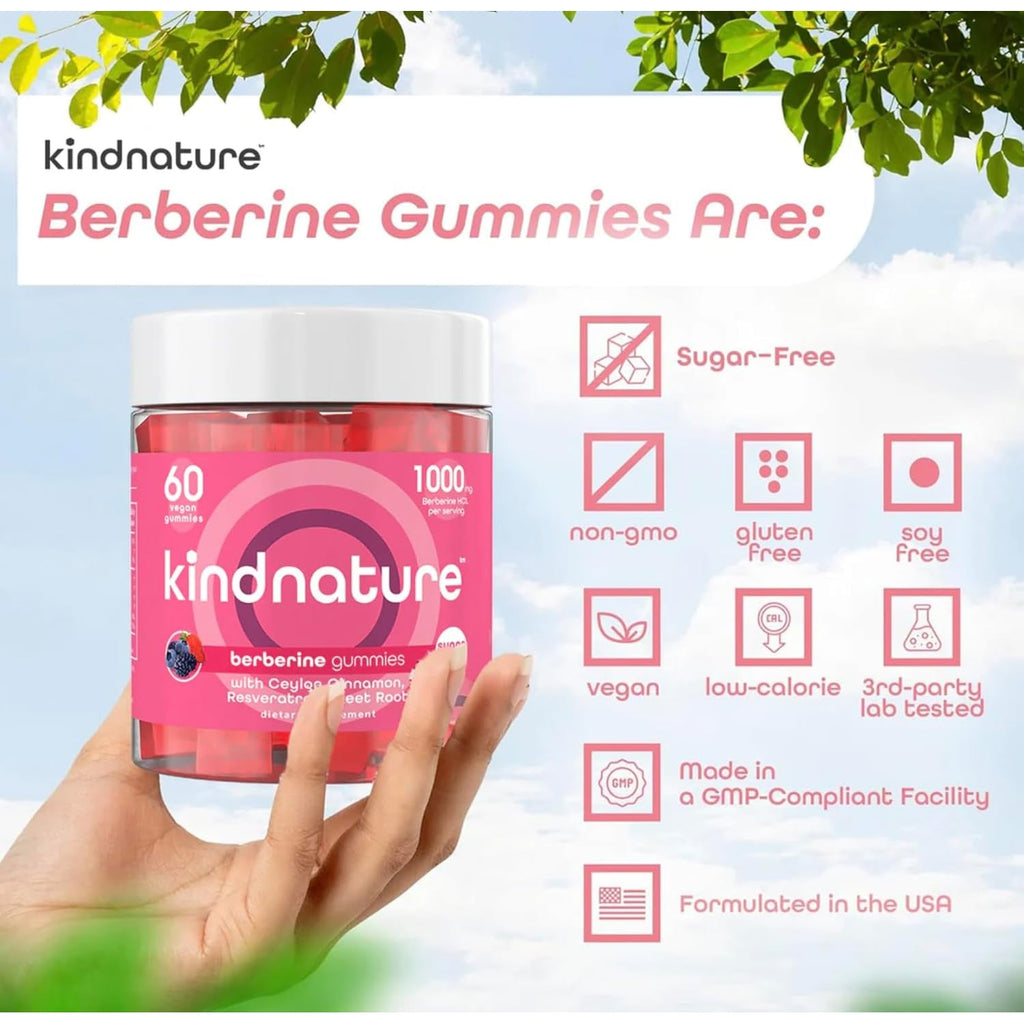 Kindnature Berberine Gummies 1000Mg with Ceylon Cinnamon & Resveratrol – 6-In-1 Blood Sugar Support Supplement – Metabolism & Weight Wellness – Sugar-Free, Vegan, Non-Gmo