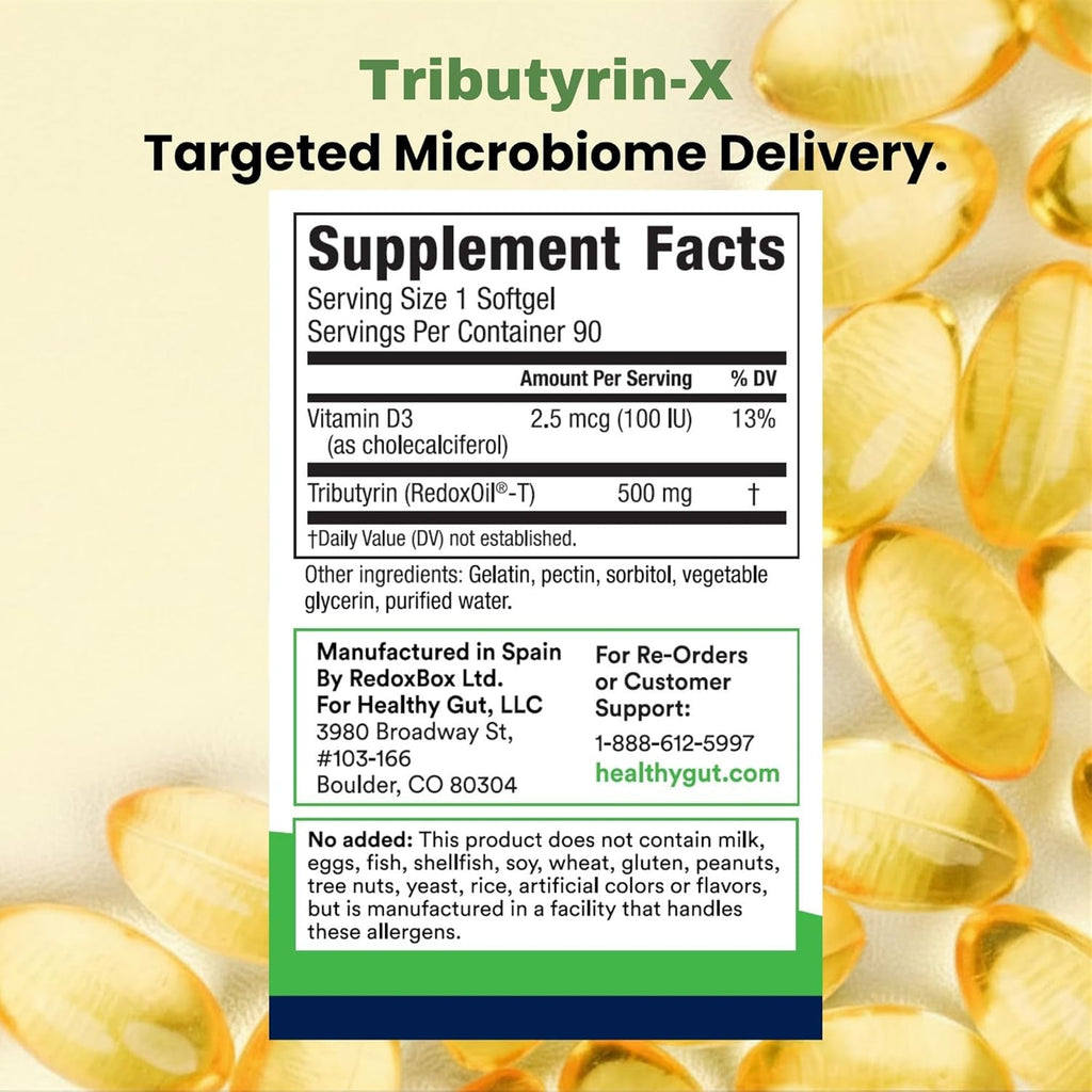 Healthy Gut Tributyrin-X | Most Bioavailable Butyrate Supplement for Gut Health & Leaky Gut Support | 99% Pure W/Zero Odor | 90 Softgels