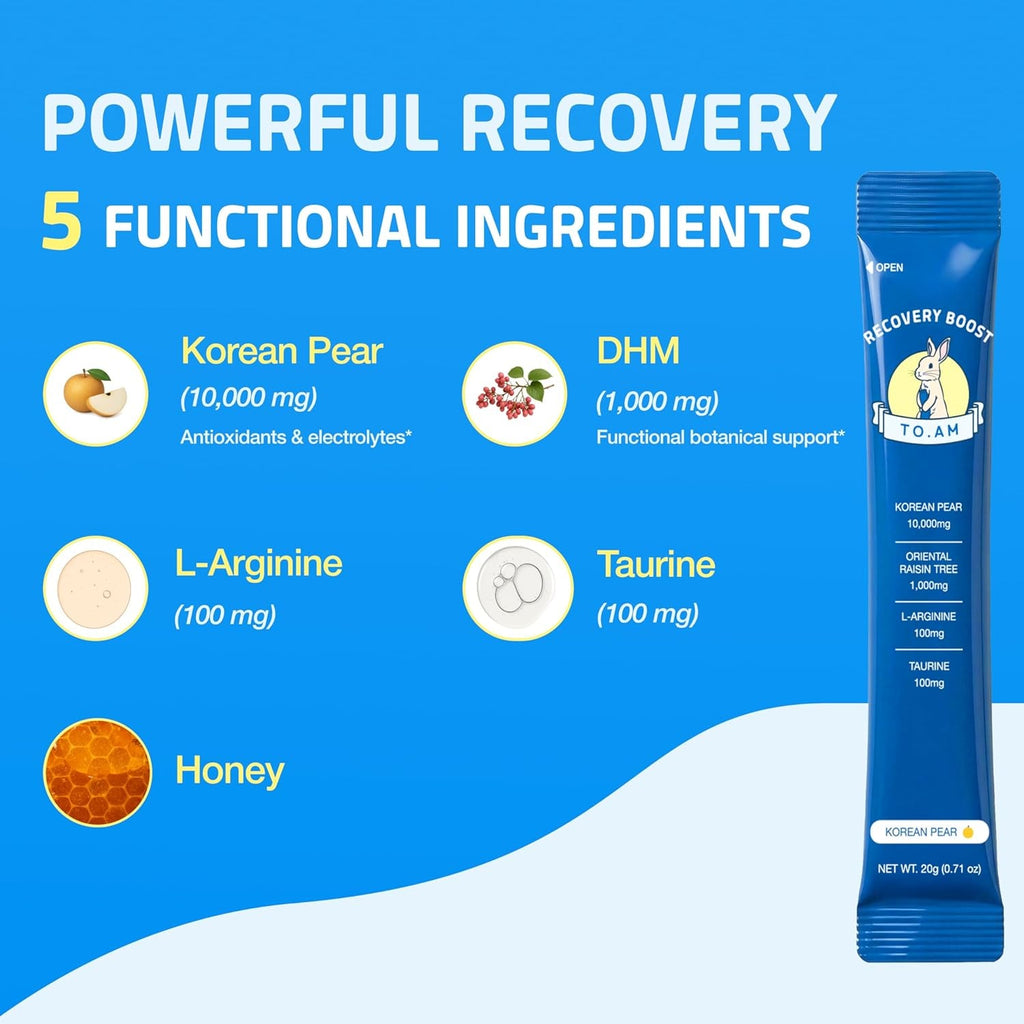 TO. AM Recovery Boost Jelly Stick | Better Mornings after Every Night Out | Korean Pear + DHM | Liver Support + Electrolytes | Pre & Post Drink | Made in Korea | 10 Count