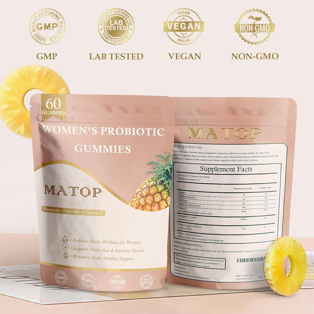 MATOP Women’S Probiotic Gummies for Gut & Daily Wellness – Vitamin C Supplement, Pineapple Flavor, 60 Count