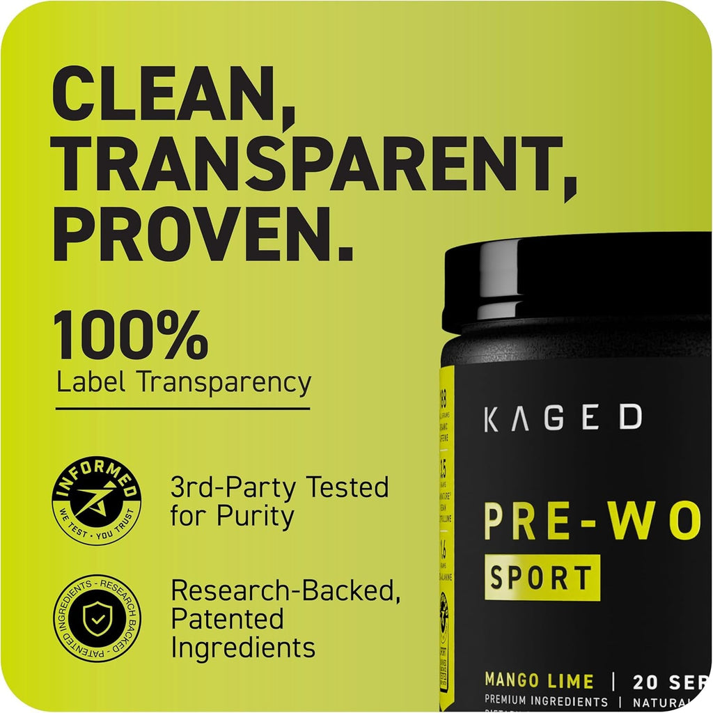 Kaged Sport Pre Workout Powder for Men & Women, Mango Lime, Sport Certified, 188Mg Caffeine, Nitric Oxide Supplement, Beta Alanine for Energy, Weightlifting, Cardio Endurance & Strength, 20 Servings
