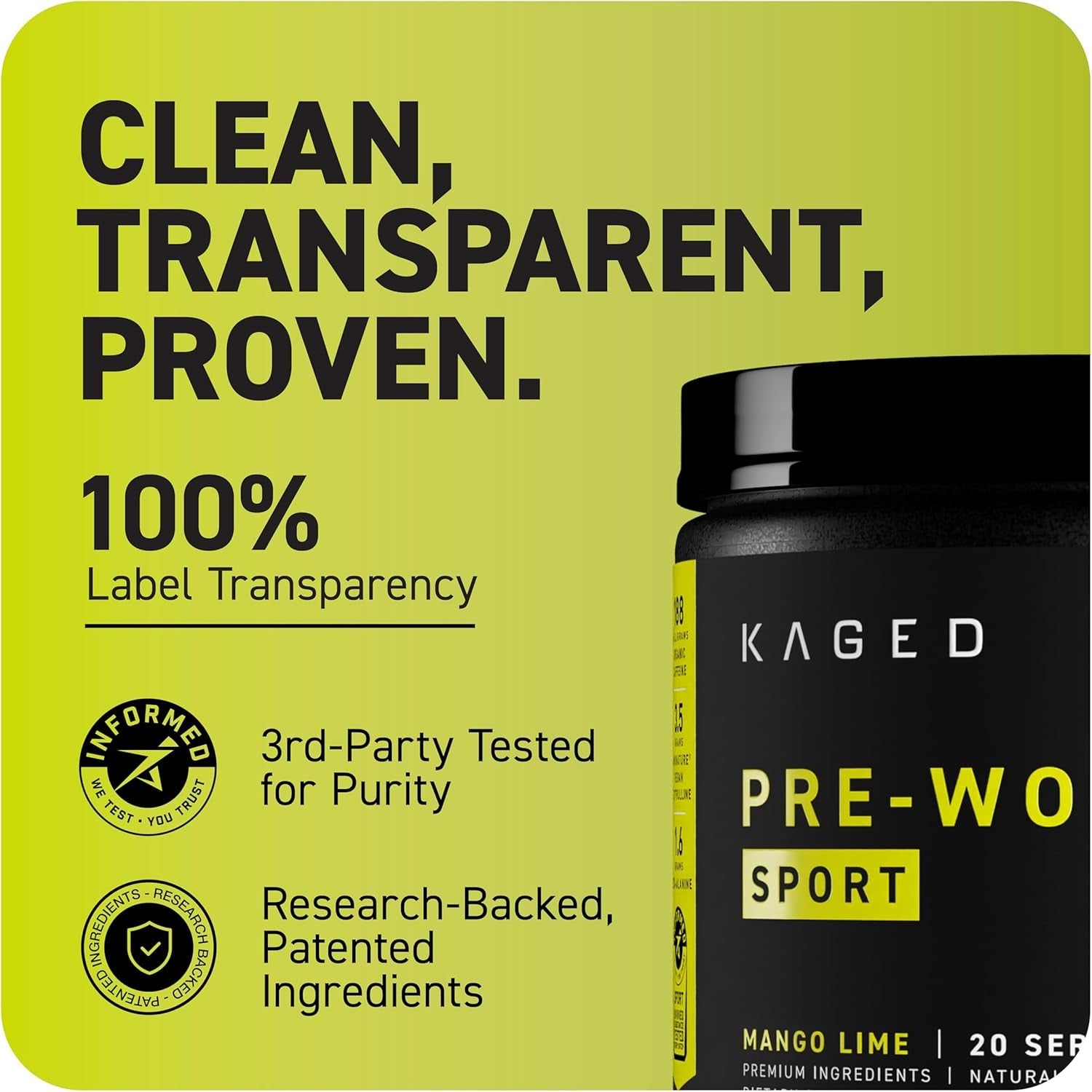 Kaged Sport Pre Workout Powder for Men & Women, Mango Lime, Sport Certified, 188Mg Caffeine, Nitric Oxide Supplement, Beta Alanine for Energy, Weightlifting, Cardio Endurance & Strength, 20 Servings
