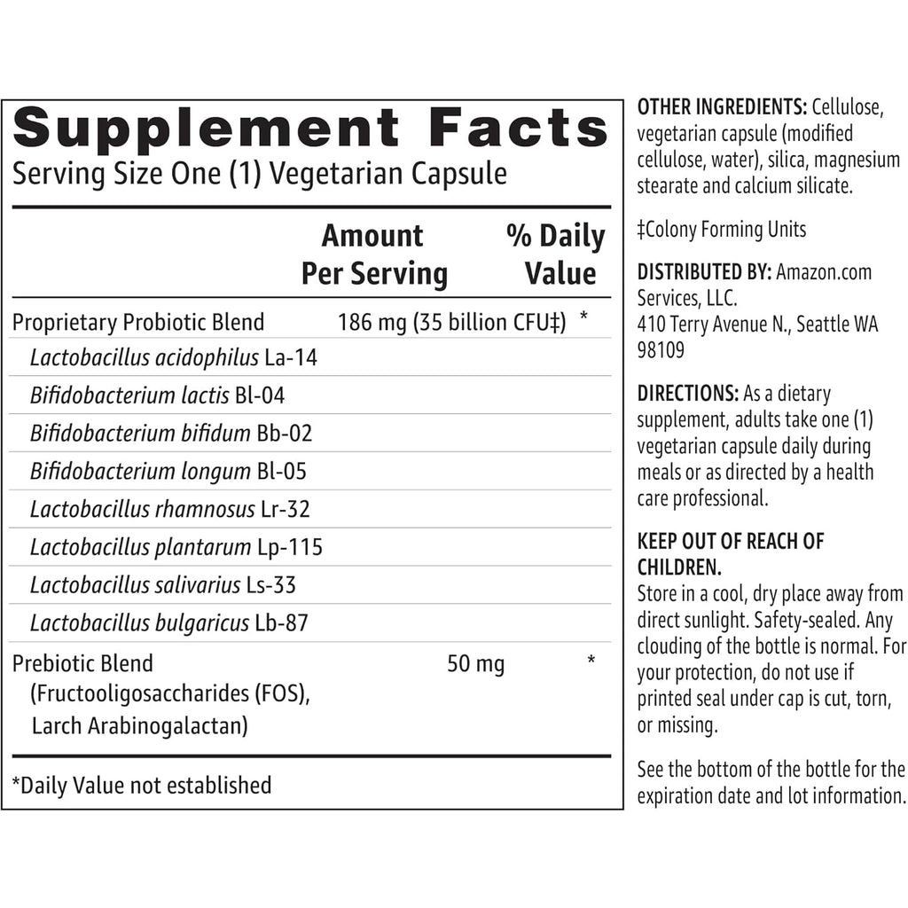 Amazon Basics Probiotic 35 Billion CFU, 8 Probiotic Strains with Prebiotic Blend, Supports Healthy Digestion, 30 Vegetarian Capsules, 1 Month Supply (Previously Solimo)