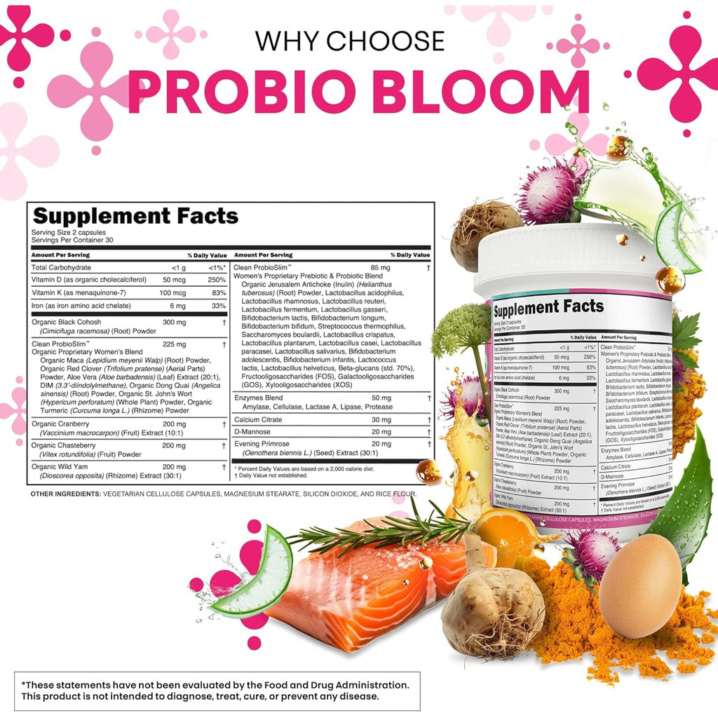 Clean Nutraceuticals Probiotics for Women with D Mannose, Cranberry Extract, Wild Yam, Chasteberry - 20 Probiotic and Prebiotic Strains - PH Balance, Womens Probiotic for Digestive Health - 60 Count