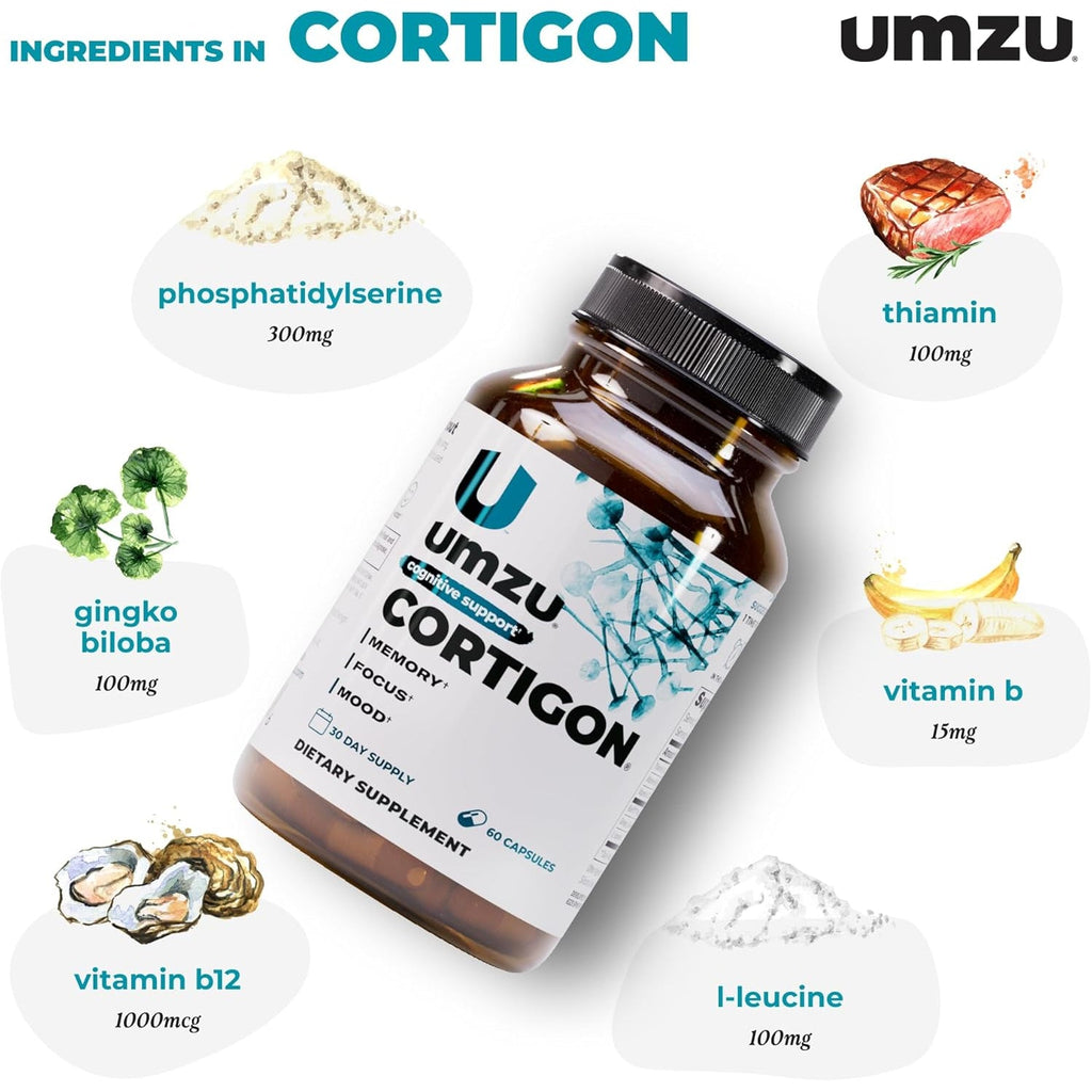 UMZU Cortigon Cortisol Support Supplement, 30 Day Supply – Natural Formula with Ginkgo Biloba, Phosphatidylserine, Vitamin B12 & B6 – Supports Healthy Stress Management, Mood, Focus & Cognitive Health