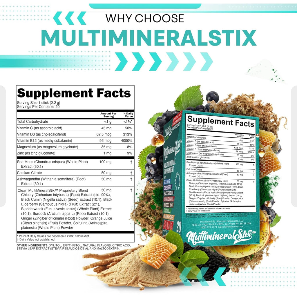 Sea Moss Powder Elderberry Ashwagandha Chlorella Manuka Honey Vitamind3 Vitamin C Zinc Spirulina Iodine Greens Detox Immune Support Sugar Free Hydration Powder Drink Mix – 20 Sticks