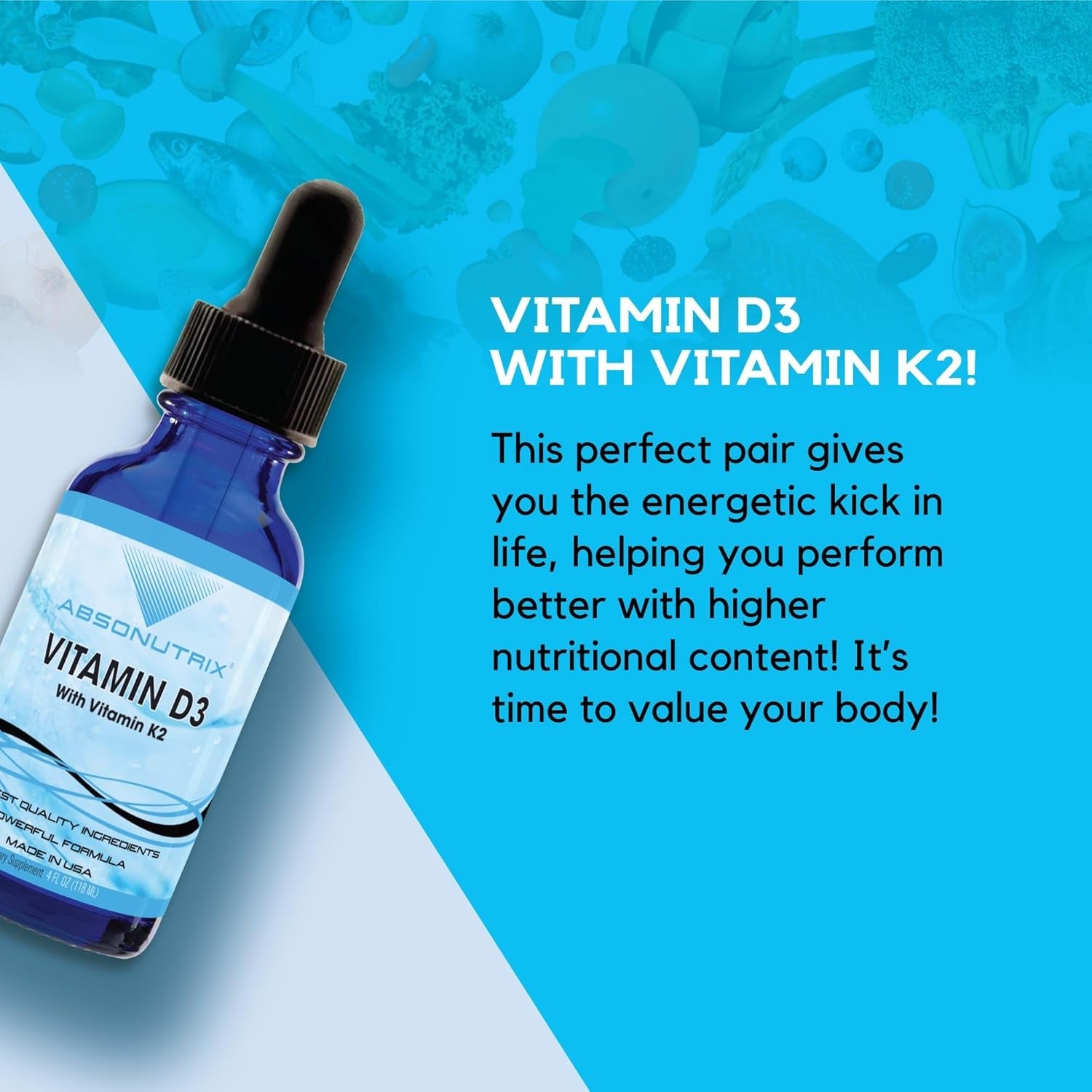 Vitamin D3 K2 Drops, 390Mg, 4 Oz Liquid, 302 Servings, Made in USA, Quick Absorption, Quality Potent Ingredients, Non-Gmo, GMP Certified, Cruelty-Free Products, Bone Strength Supplements