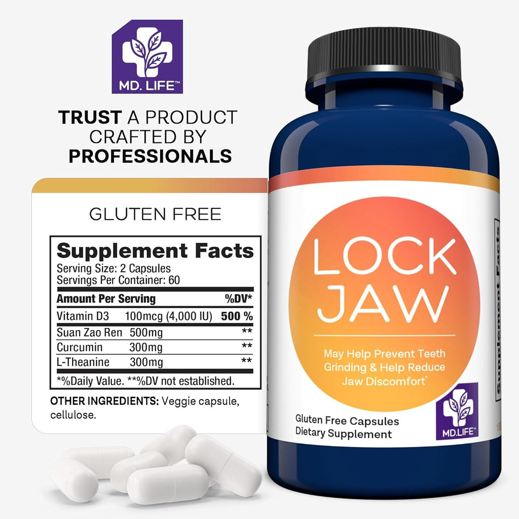 MD.LIFE Lock Jaw Assistance - 60 Vegan Capsules - TMJ Relief Support and Jaw Relaxer Supplement - Double Strength Formula Tension Relief- Third-Party Tested