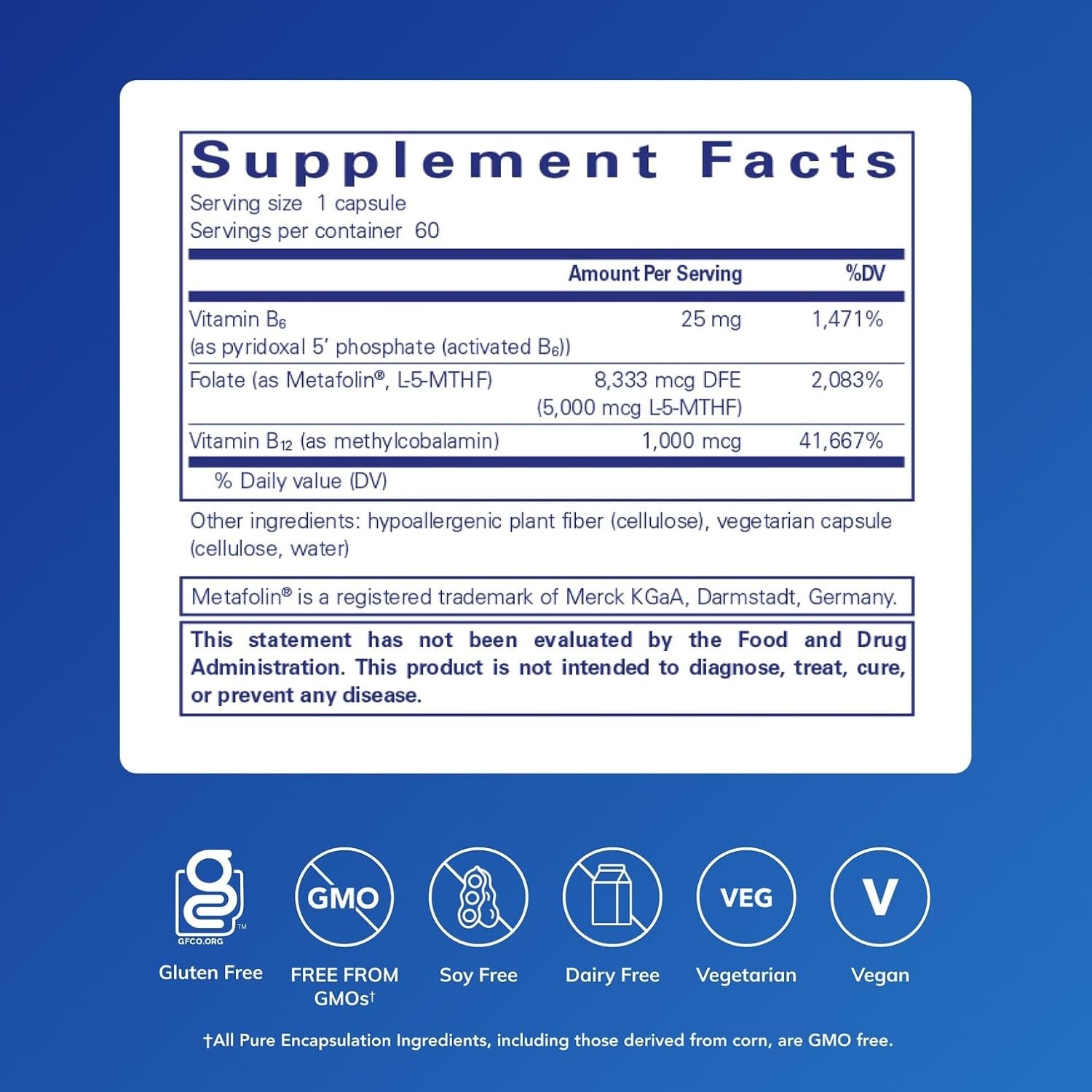 Pure Encapsulations - Folate 5,000 plus - Activated Folate, Vitamin B12 and B6 Combination - 60 Capsules