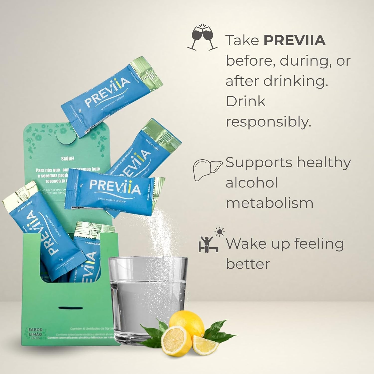 Previia – Pre-Drink Supplement | Nutrients before Social Drinking | Cysteine, Choline, B-Complex, Magnesium, VIT C | Lemon Flavor | Soluble Drink | 6 Doses | Feel Better after Drinking