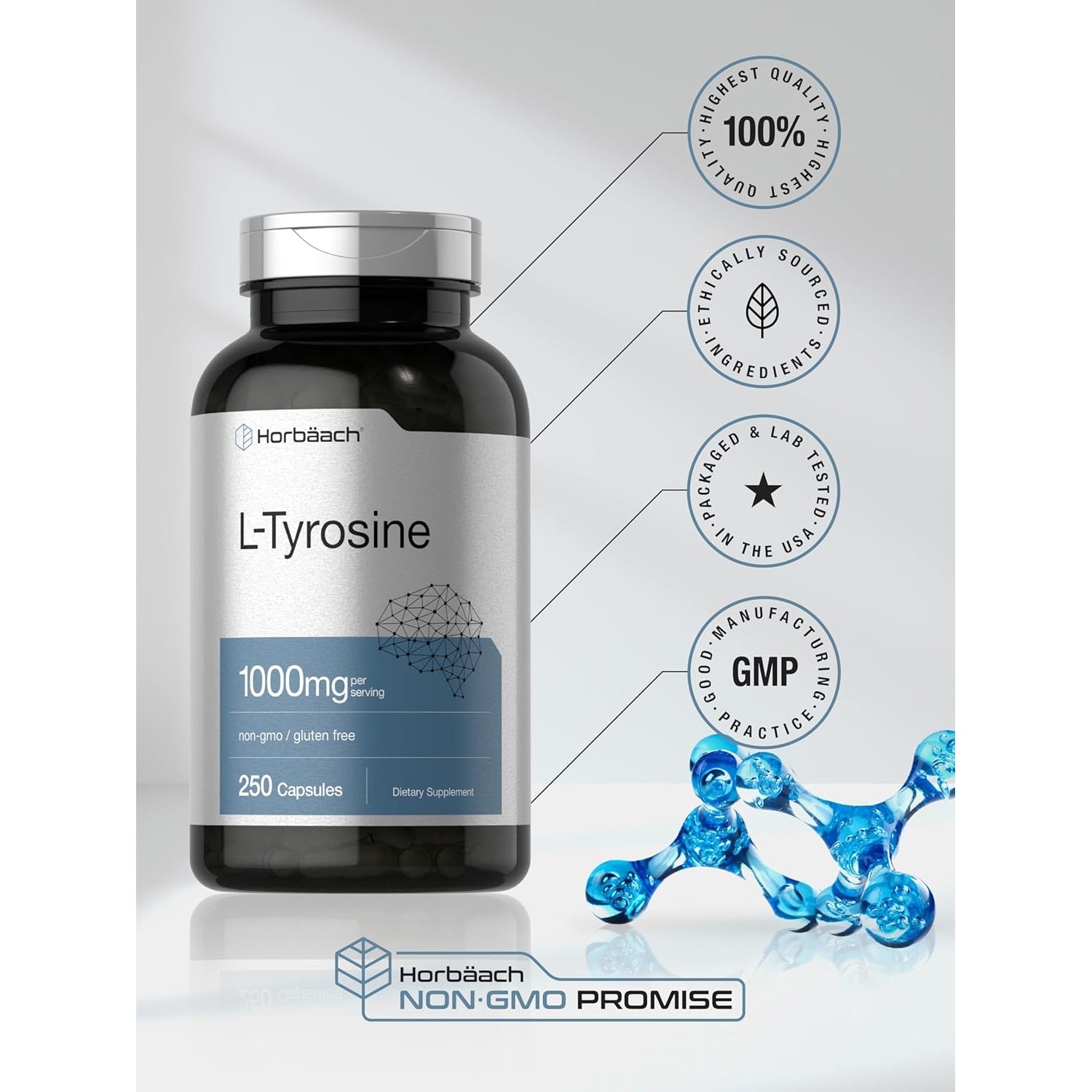 Horbäach L-Tyrosine 1000Mg | 250 Capsules | Amino Acid Supplement | Non-Gmo & Gluten Free