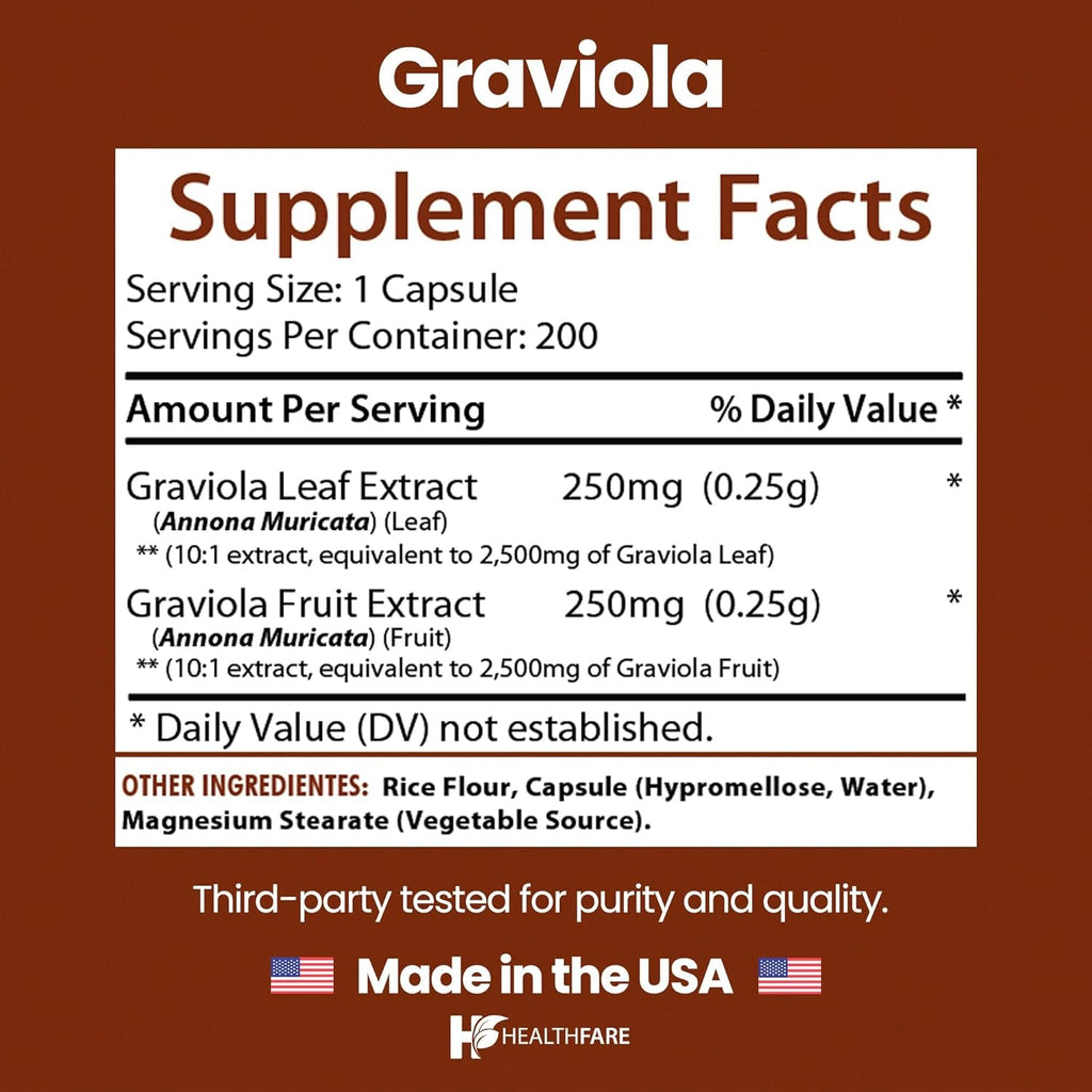 Healthfare Graviola Soursop Extract 5000Mg | Annona Muricata | 200 Vegan Capsules | High Potency Leaf & Fruit Blend | Non-Gmo | Gluten-Free | Made in USA