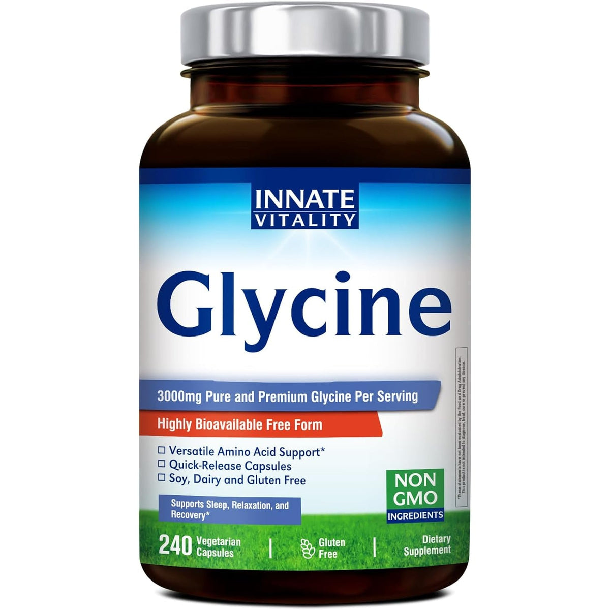 Innate Vitality Glycine Supplements, 3000Mg per Serving, Bioavailable Form, Sleep, Relax, Collagen Glutathione Production, Non-Gmo, Conditionally Essential Amino Acids, Vegan, 240 Capsules
