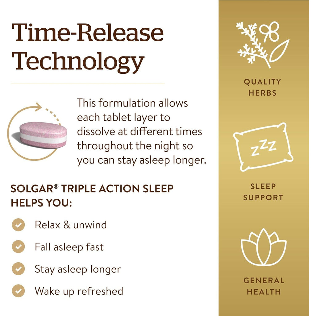 Solgar Triple Action Sleep, 90 Tri-Layer Tablets - Time-Release Melatonin & L-Theanine plus Herbal Blend - Helps You Relax - Non-Gmo, Gluten Free - 90 Servings