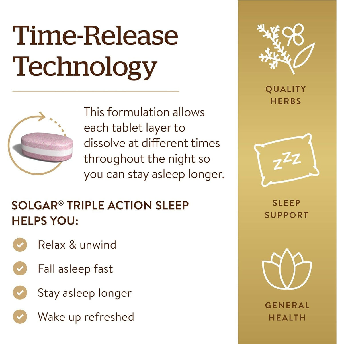 Solgar Triple Action Sleep, 90 Tri-Layer Tablets - Time-Release Melatonin & L-Theanine plus Herbal Blend - Helps You Relax - Non-Gmo, Gluten Free - 90 Servings