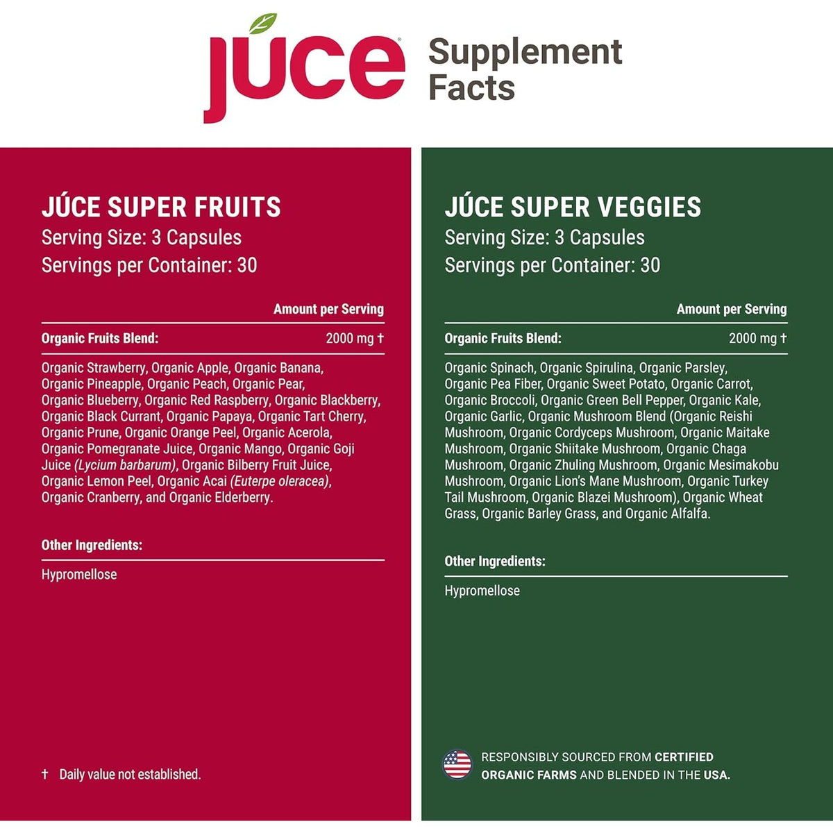 Juce Original Formula - Organic Super Fruit & Veggies Supplement - Gluten/Gelatin Free, Soy Free & Vegan- Reds & Greens Superfood Capsules- 23 Fruits & 23 Vegetables (180 Count)- by Terra Kai Organics