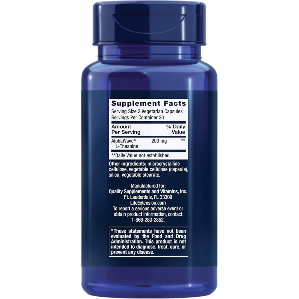 Life Extension L-Theanine, Amino Acid Theanine, Calm, Relaxation, Mood, Gluten-Free, Non-Gmo, Vegetarian, 200 Mg, 60 Capsules