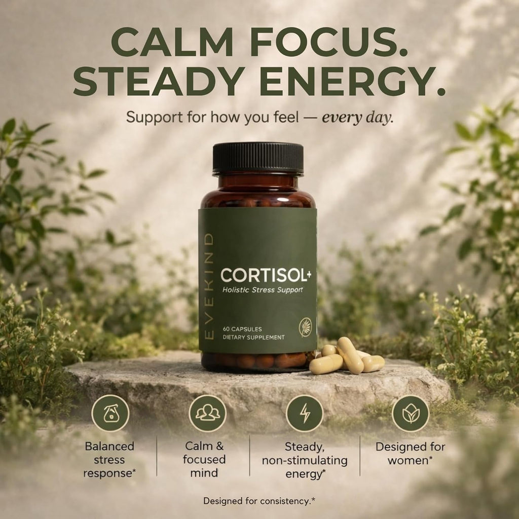 EVEKIND Cortisol Supplement for Women | Stress Support for Mood, Energy & Hormone Balance | Calm, Focus & Daily Reset | Adaptogen Blend with KSM-66® Ashwagandha, Rhodiola, L-Theanine | 60 Capsules