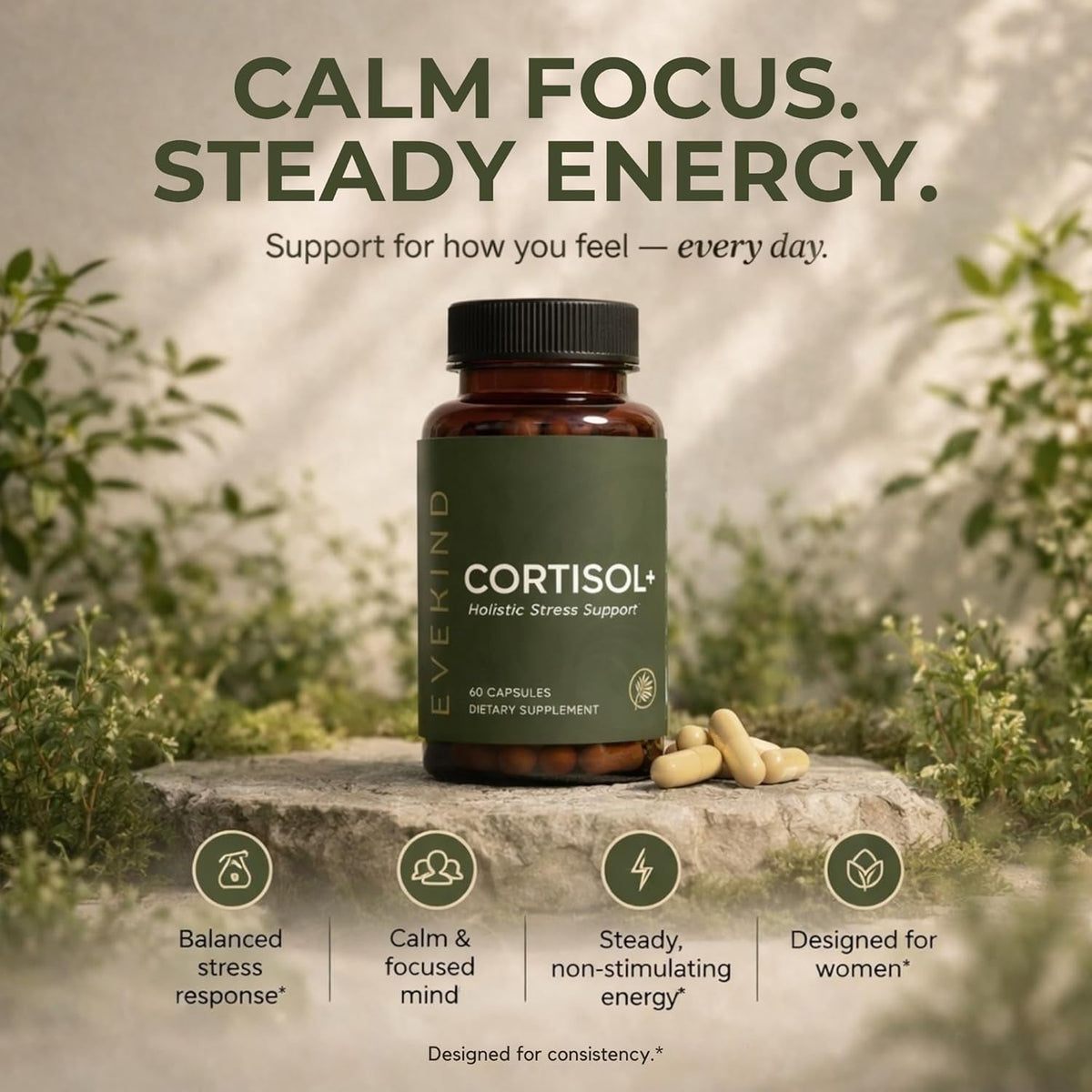 EVEKIND Cortisol Supplement for Women | Stress Support for Mood, Energy & Hormone Balance | Calm, Focus & Daily Reset | Adaptogen Blend with KSM-66® Ashwagandha, Rhodiola, L-Theanine | 60 Capsules