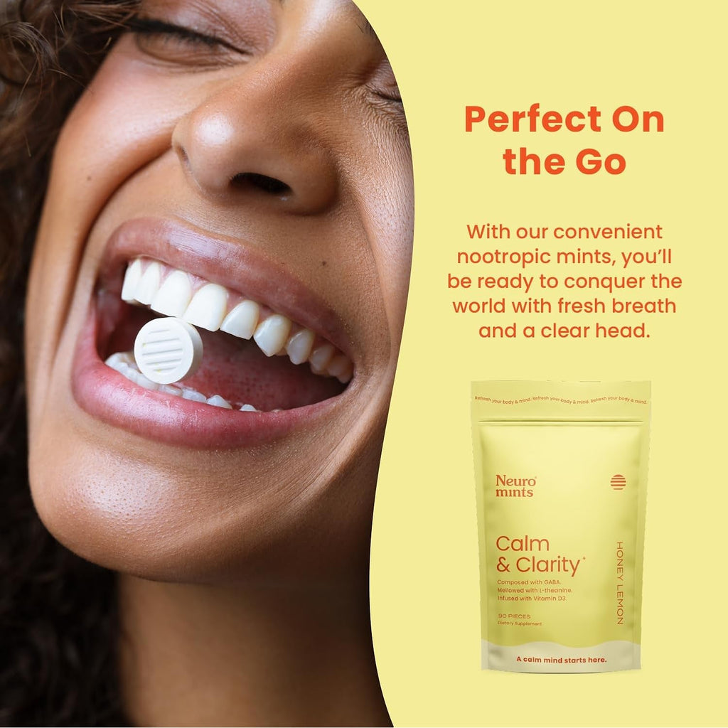 Neuro Calm & Clarity Mints - GABA L-Theanine Stress Supplement with Vitamin D3 - Non-Drowsy, Functional Calming Mints for Mood, Mental Clarity & Cognitive Function - Honey Lemon, 90 Ct