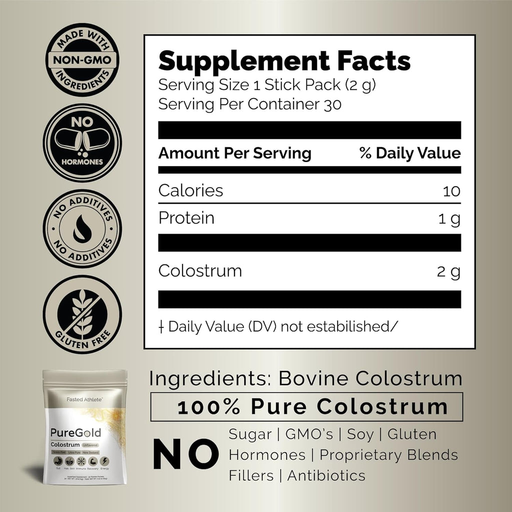 Puregold - Bovine Colostrum Powder - 100% Pure New Zealand Grass Fed, Supports Gut Health, Skin, Hair, & Immunity – Colostrum Supplement, Unflavored, 30 Travel Packets