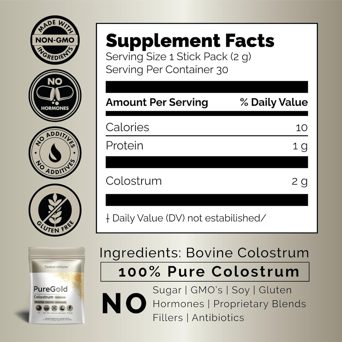Puregold - Bovine Colostrum Powder - 100% Pure New Zealand Grass Fed, Supports Gut Health, Skin, Hair, & Immunity – Colostrum Supplement, Unflavored, 30 Travel Packets