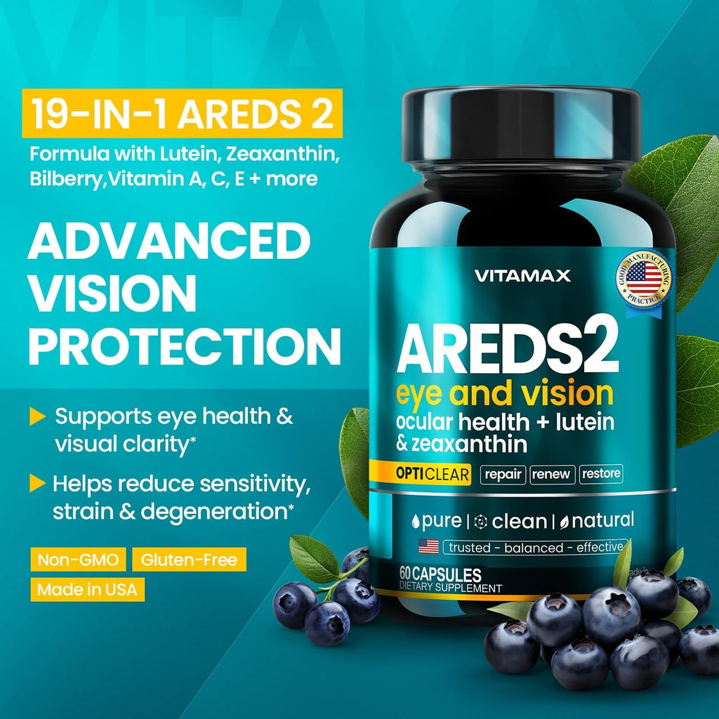 AREDS 2 Eye Vitamins - Lutein, Zeaxanthin, Bilberry, Astaxanthin Mineral Vision Supplement - Supports Eye Strain, Dry Eyes, Pressure, and Vision Health - Made in USA - 60Ct