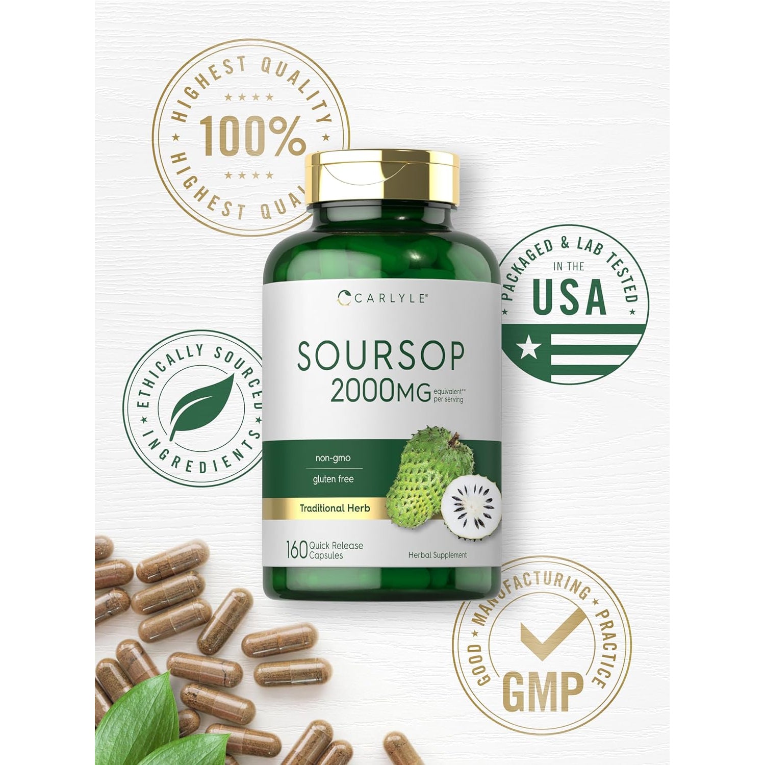 Carlyle Soursop Leaves | 160 Capsules | Traditional Herb | Non GMO, Gluten Free Supplement