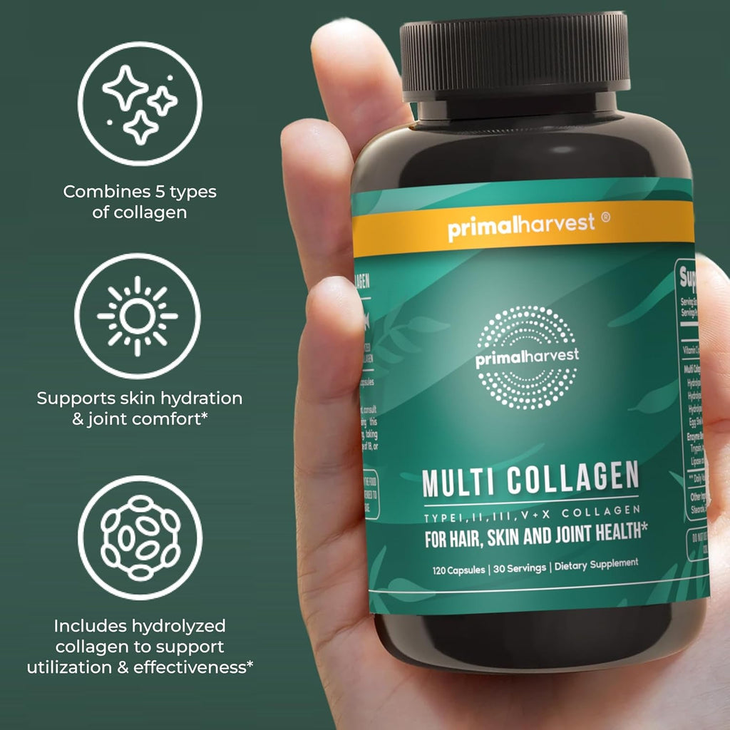 Primal Harvest Multi Collagen Pills for Women and Men (Type I, II, III, V, X) 120 Capsules W/Vitamin C for Hair, Skin, Nails