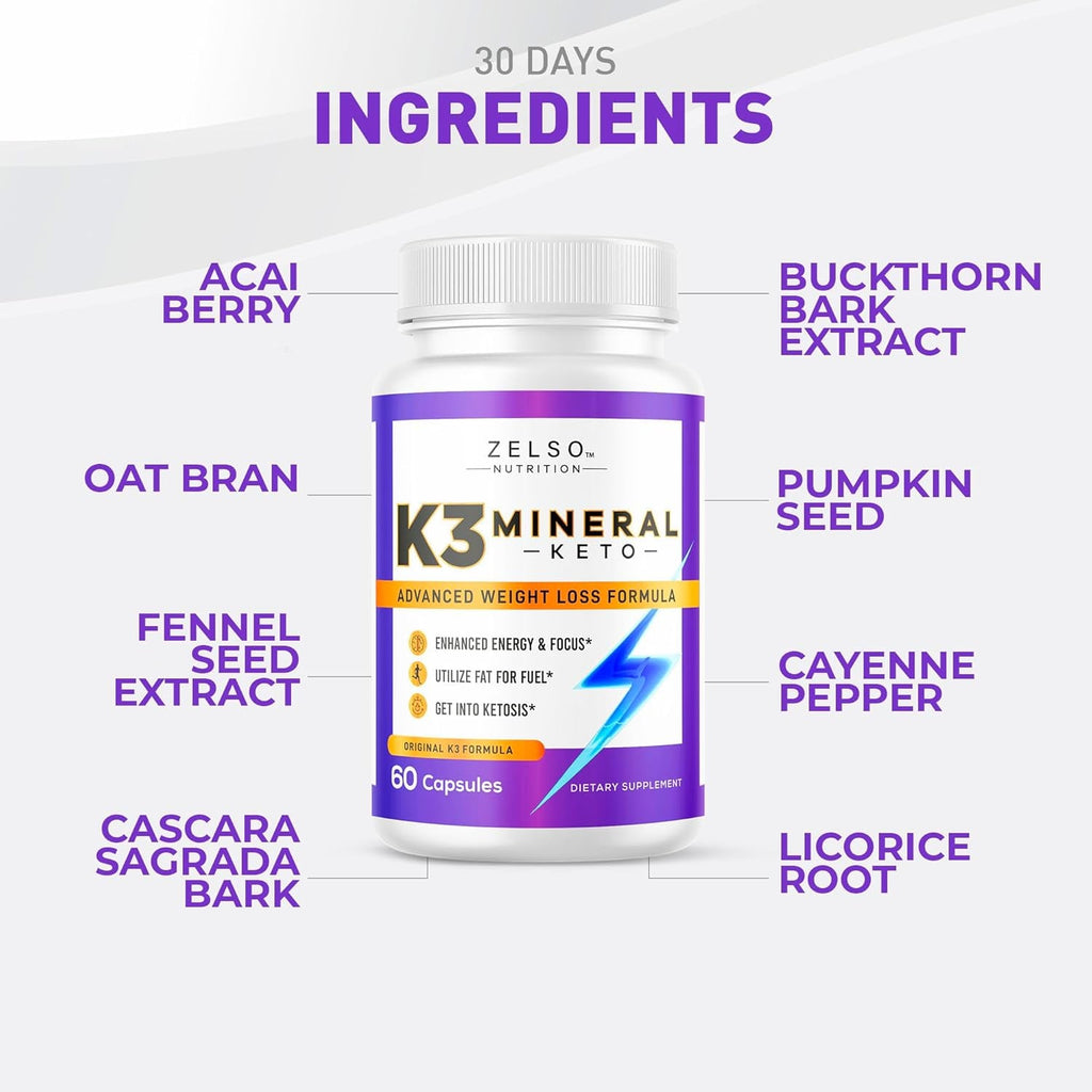 ZELSO K3 Mineral Weight Loss Pills for Women and Men, K3 Mineral Pills - K3 Salt Mineral, Vitamin + K3 Capsules Supplement for Keto Weight Loss - 1 Month Supply