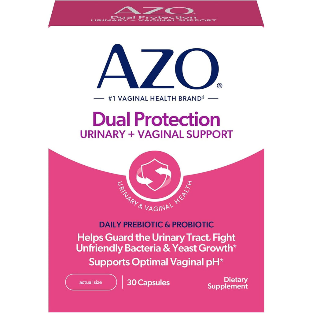 AZO Dual Protection, Urinary + Vaginal Support, Prebiotics and Probiotics for Women*, Starts Working within 24 Hours, Non-Gmo, 30 Count
