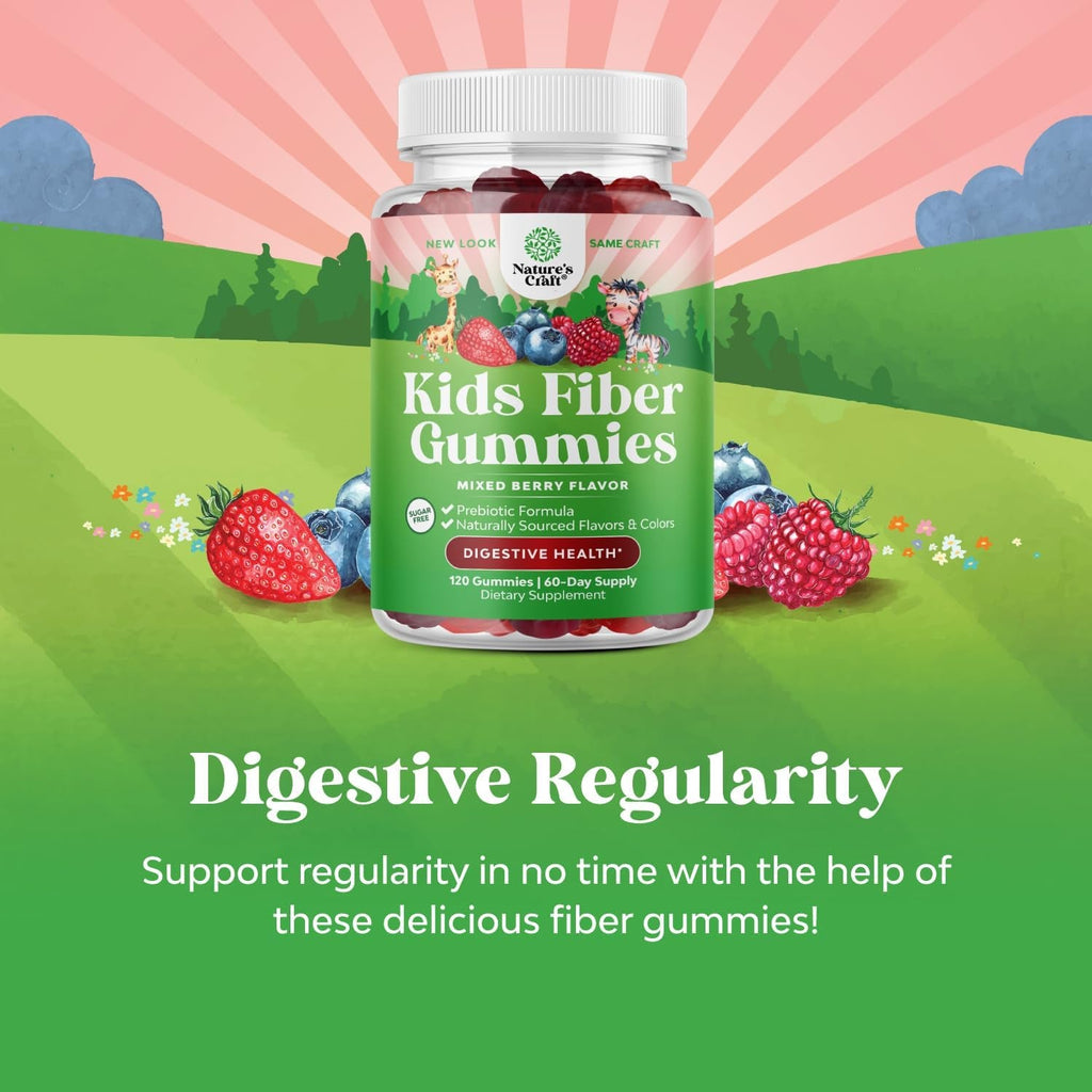 Natures Craft High Prebiotic Fiber Gummies for Kids - Dietary Fiber Supplements for Digestion & Constipation - Chicory Root Kids Immune Gummies - Non-Gmo Digestive Nutritional Supplements - 120 Count