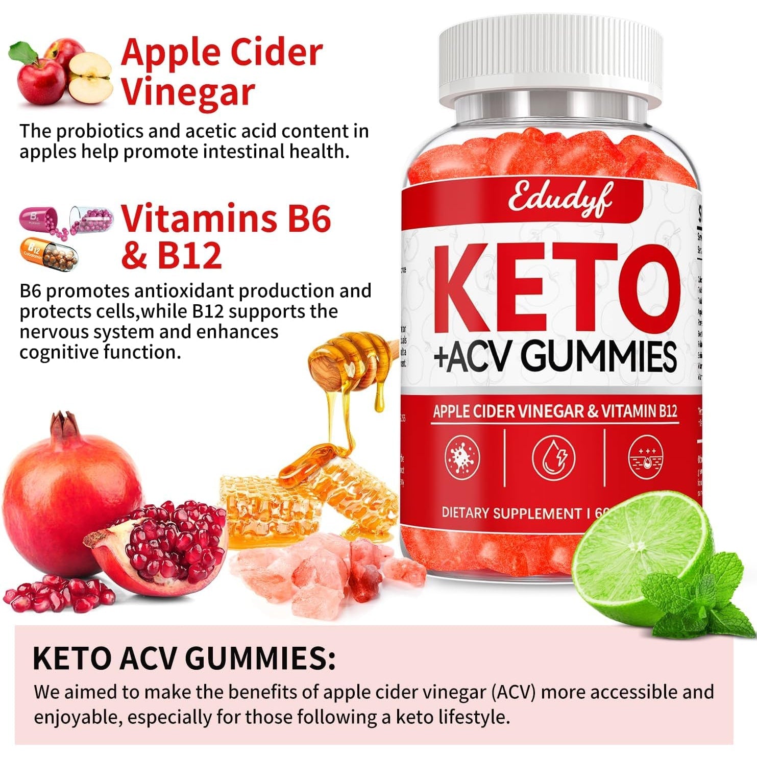 Keto ACV Gummies - 60 Count Gluten-Free, Gelatin-Free Apple Cider Vinegar Gummies with B12 for Keto Support, Vegetarian, Unique Flavor, Convenient Bottled Supplement for Men & Women