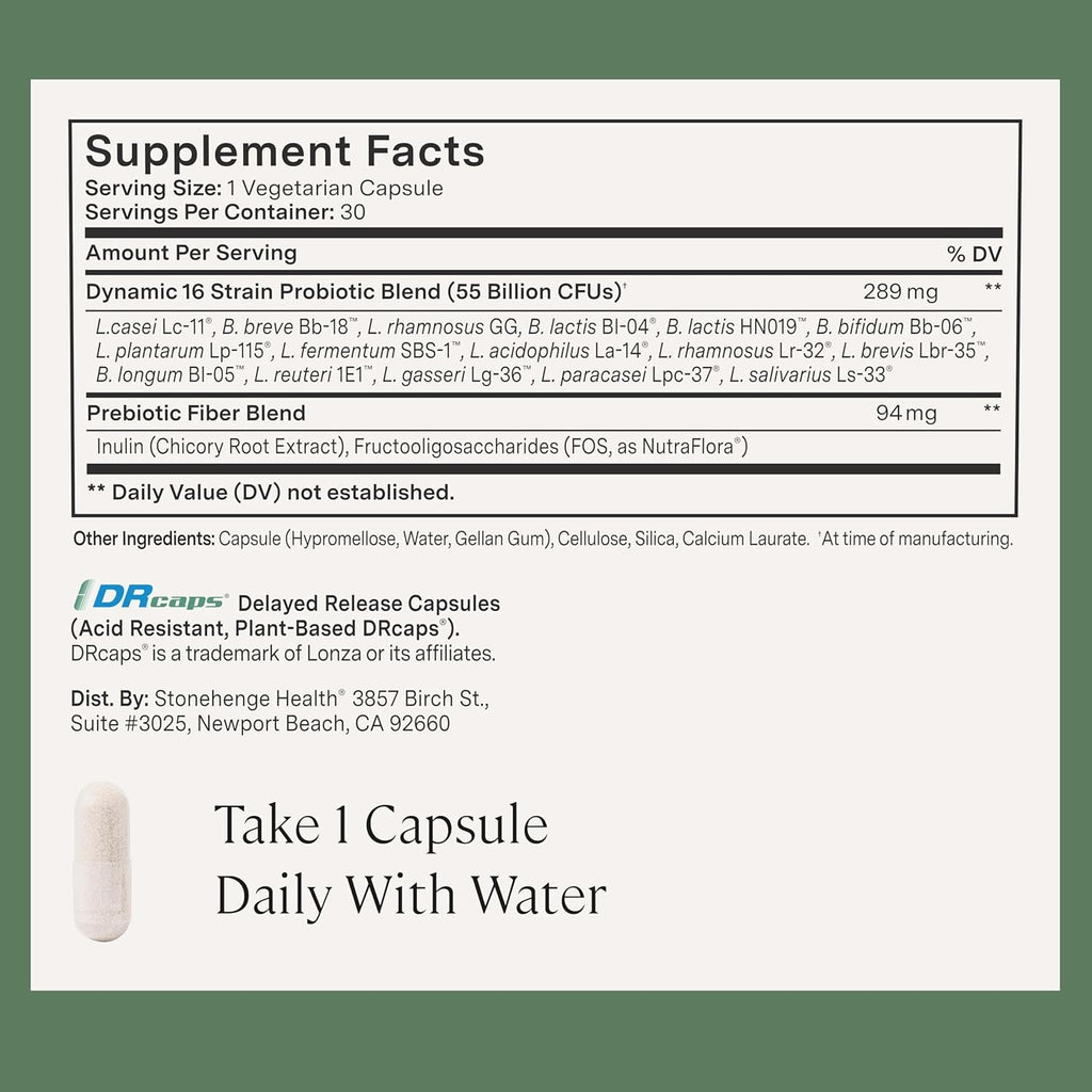 Stonehenge Health Probiotics 55 Billion CFU - 16 Strains, Prebiotic, Synbiotics Dynamic Biotics - Lactobacillus Acidophilus, Delayed Release, Shelf Stable, Non-Gmo Gluten Free Veggie Capsule