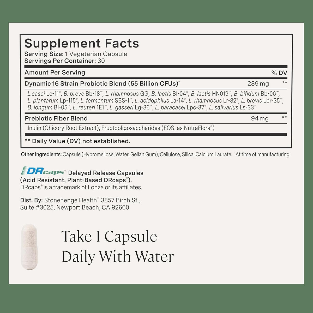 Stonehenge Health Probiotics 55 Billion CFU - 16 Strains, Prebiotic, Synbiotics Dynamic Biotics - Lactobacillus Acidophilus, Delayed Release, Shelf Stable, Non-Gmo Gluten Free Veggie Capsule