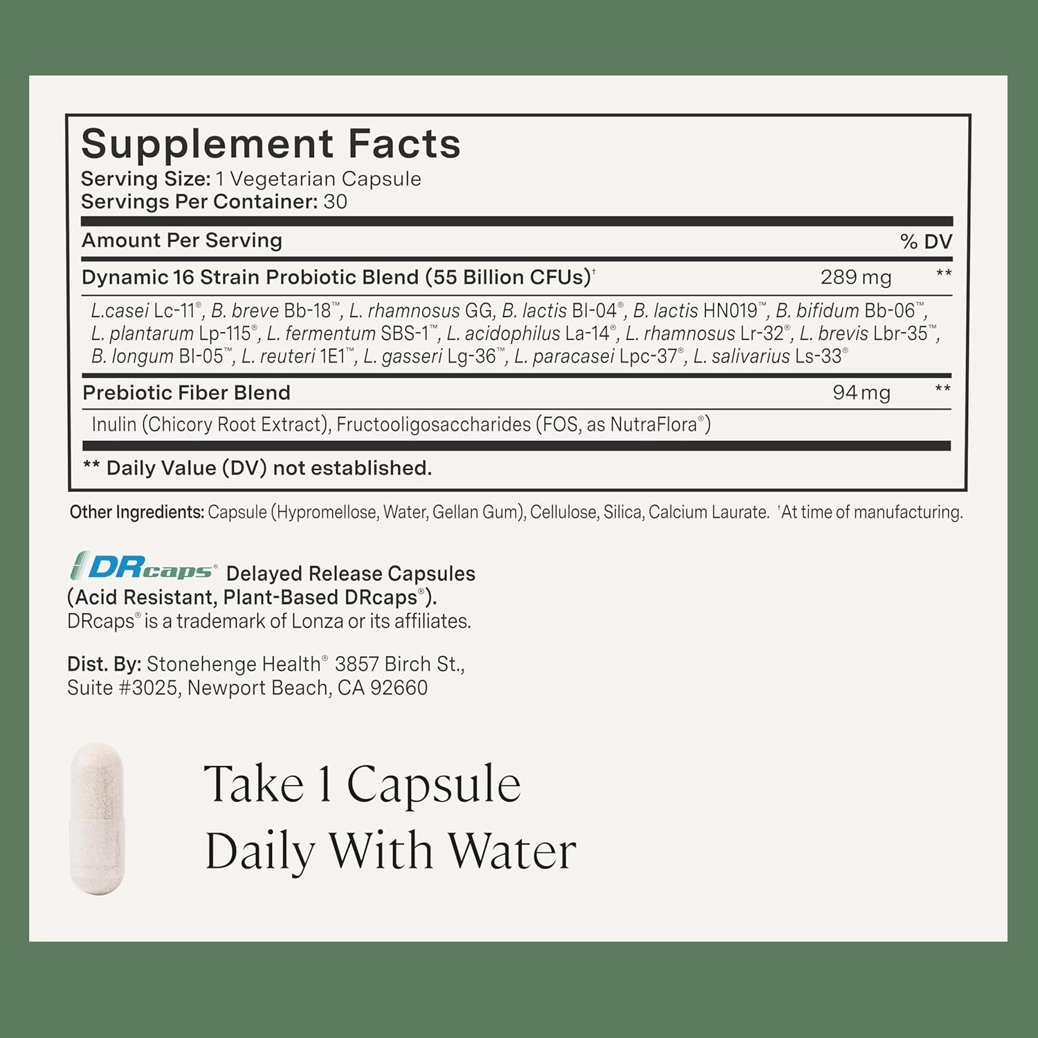 Stonehenge Health Probiotics 55 Billion CFU - 16 Strains, Prebiotic, Synbiotics Dynamic Biotics - Lactobacillus Acidophilus, Delayed Release, Shelf Stable, Non-Gmo Gluten Free Veggie Capsule