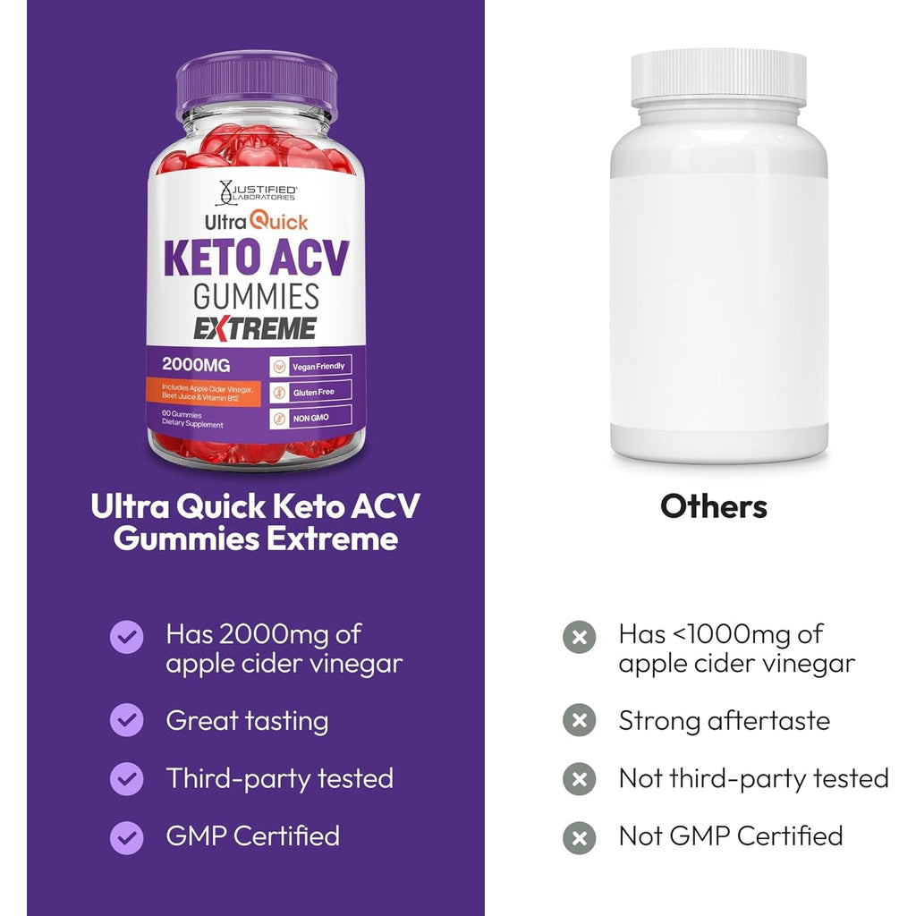 Justified Laboratories Ultra Quick Keto ACV Gummies Extreme (2000 Mg) - 60 Count - Formulated with Apple Cider Vinegar, Folate & Vitamin B12 - Non-Gmo, Vegan, Gluten Free - 30 Servings