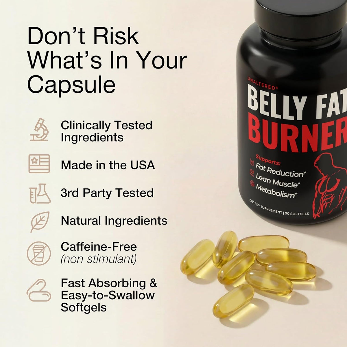 UNALTERED Belly Fat Burner for Men - Natural Weight Loss Pills to Support Reduced Body Fat, Preservation of Lean Muscle Mass, and a Healthy Metabolism - CLA Dietary Supplement - 90 Softgel Capsules