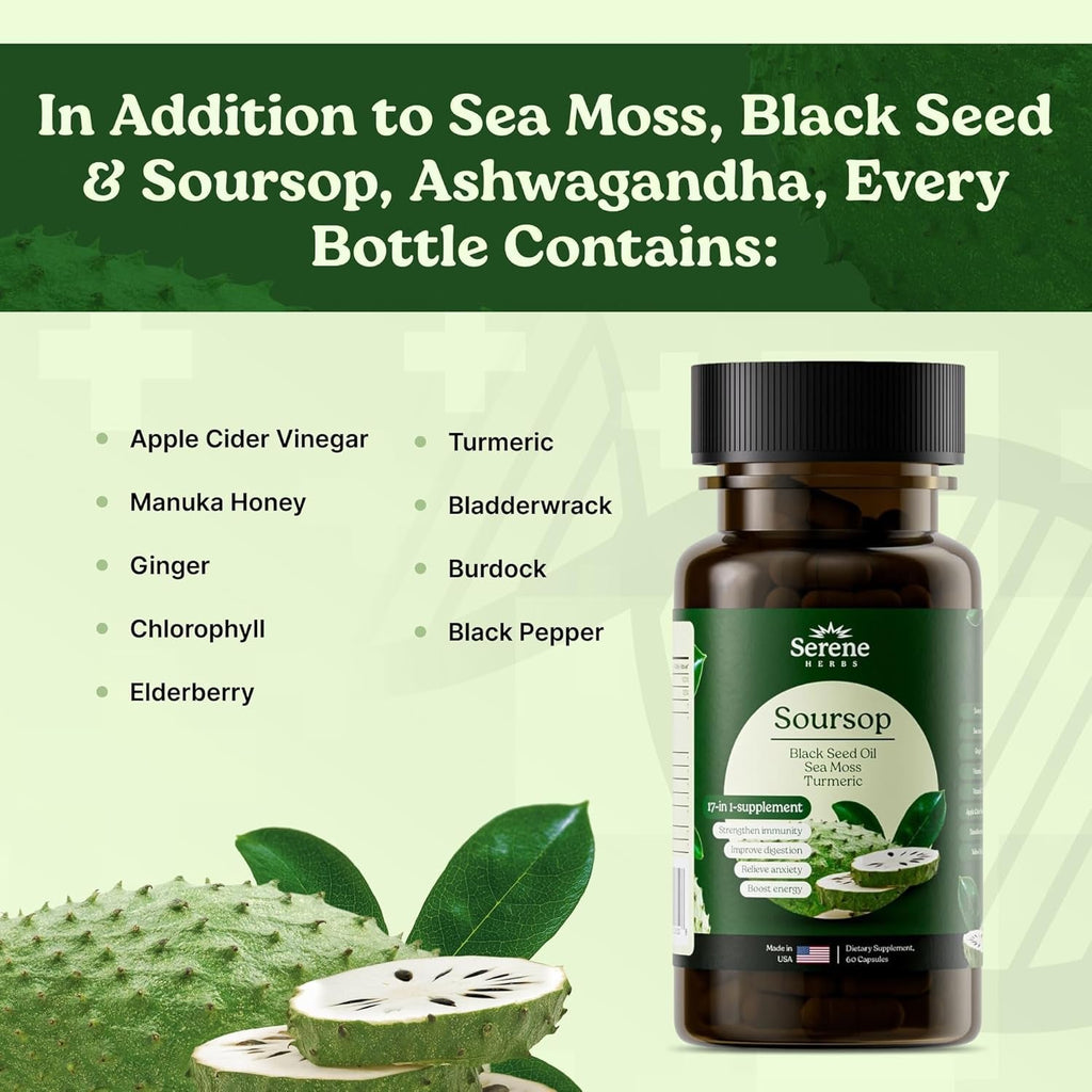 Serene Herbs 17-In-1 Sea Moss Capsules with Irish Seamoss, Black Seed Oil, Ashwagandha, Turmeric & Bladderwrack - Advanced Immunity, Energy & Gut Support - Natural Herbal Supplement - 60 Count