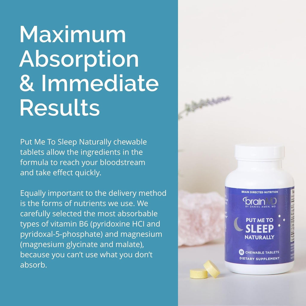 BRAINMD Dr Amen Put Me to Sleep Naturally - 90 Chewable Tablets - with Melatonin, L-Theanine, Magnesium, GABA, Vitamin B6 & 5-HTP - Gluten Free - 45 Servings