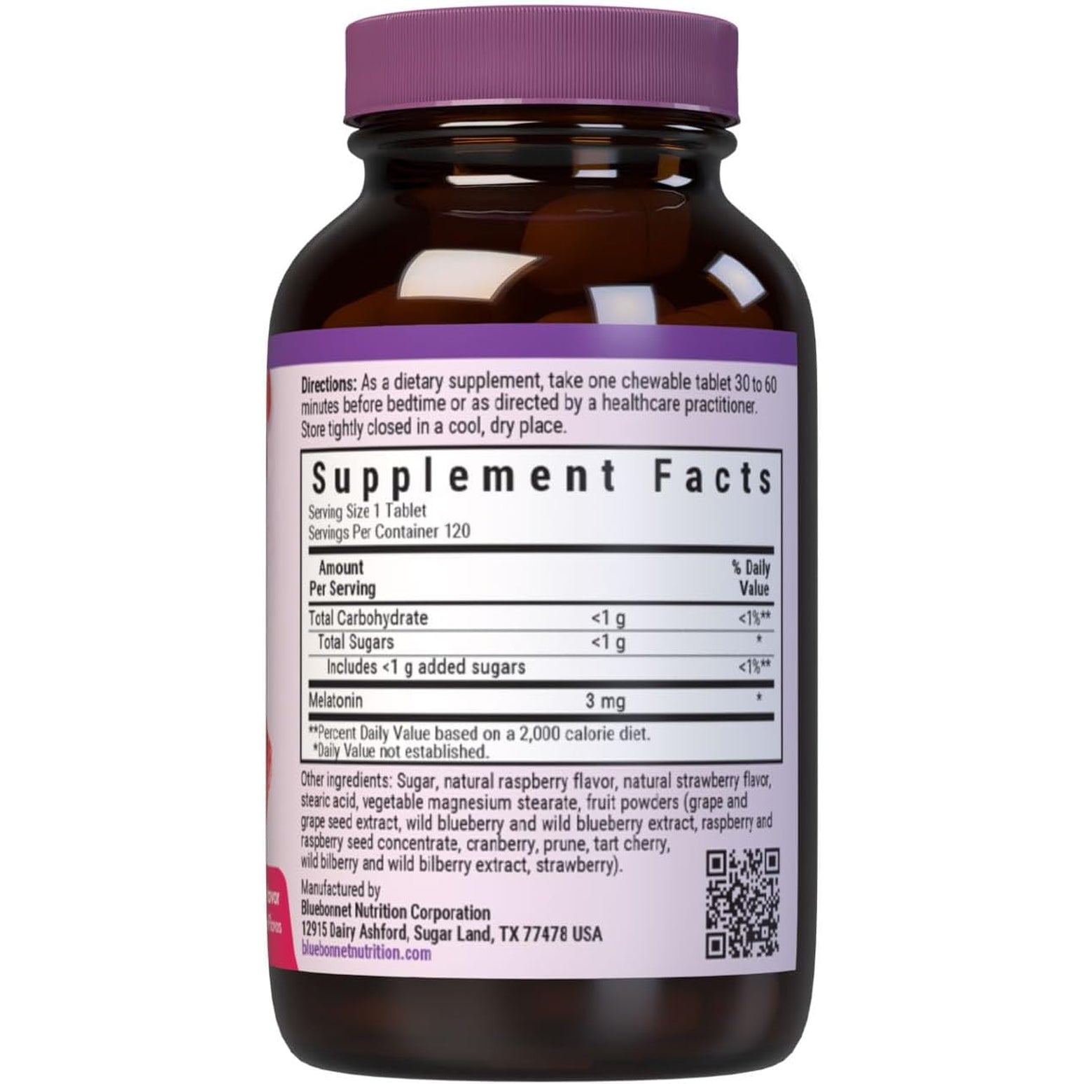 Bluebonnet Nutrition Earthsweet Melatonin 3 Mg Fast-Acting Quick Dissolve Nighttime Relaxation & Restful Sleep Support - Sleep Aid - Gluten-Free, Vegan - Raspberry Flavor - 120 Chewable Tablets