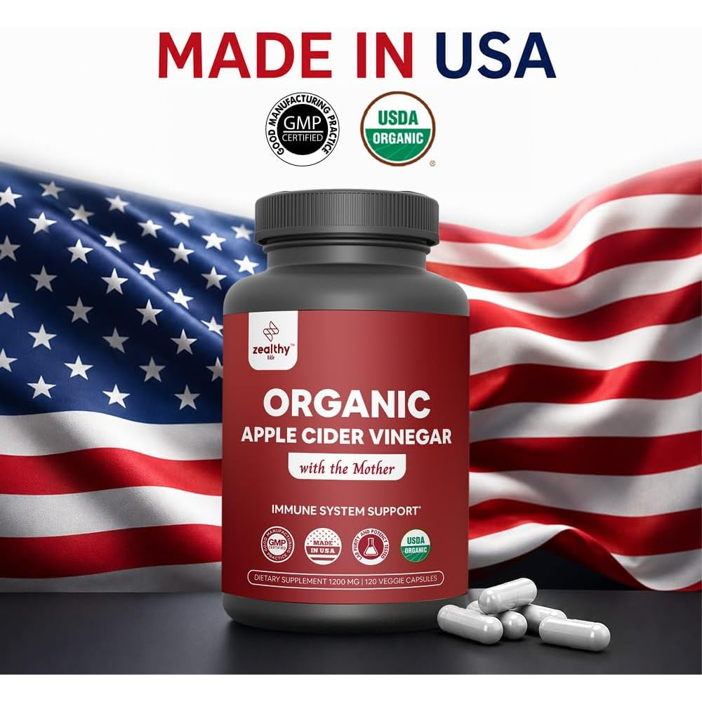 Organic Apple Cider Vinegar with the Mother – 1200Mg Capsules for Optimal Wellness, Gluten-Free, Non-Gmo, 120 Veggie Capsules – Zealthy Life